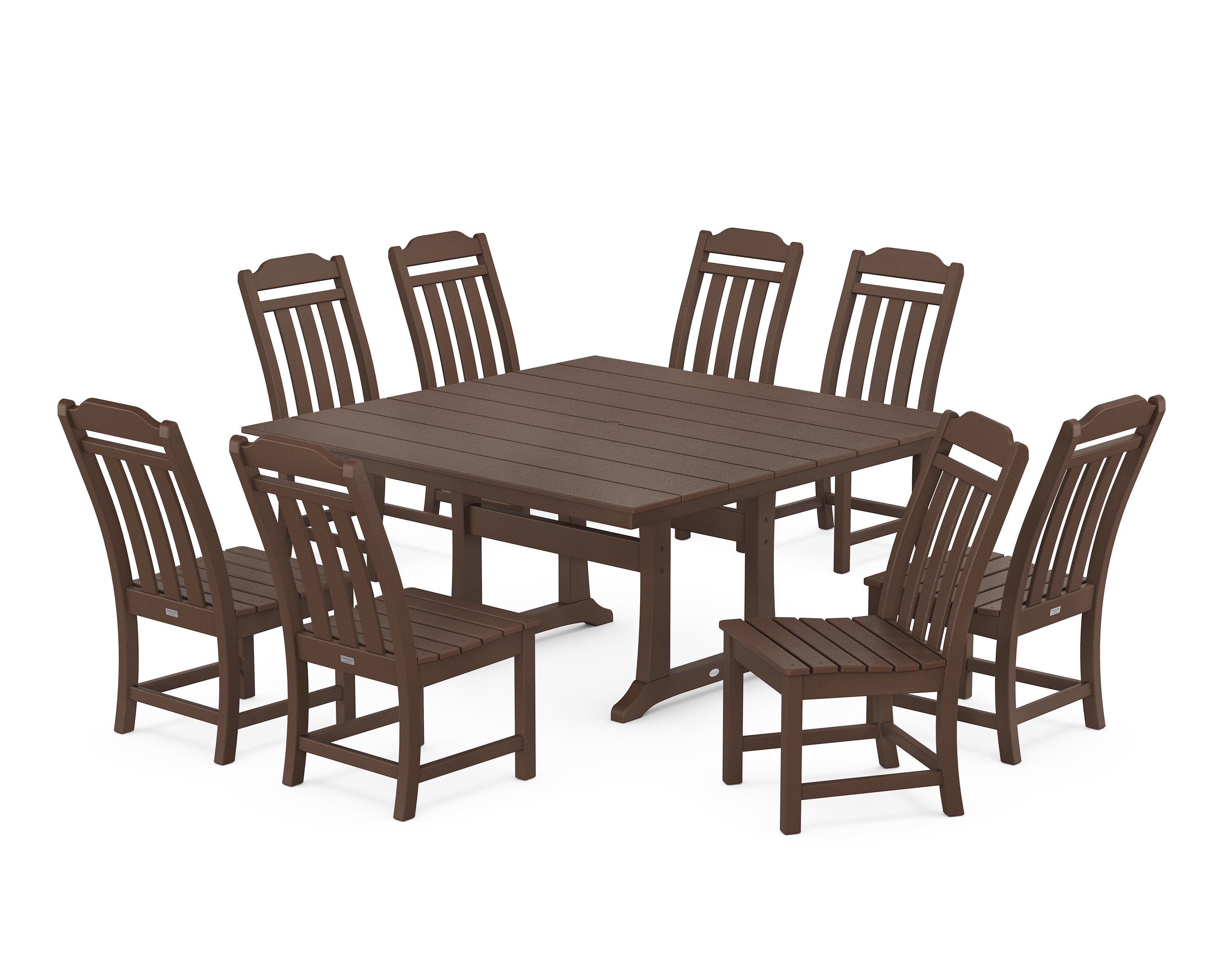 Cottage 9-Piece Square Farmhouse Side Chair Dining Set with Trestle Legs in Mahogany