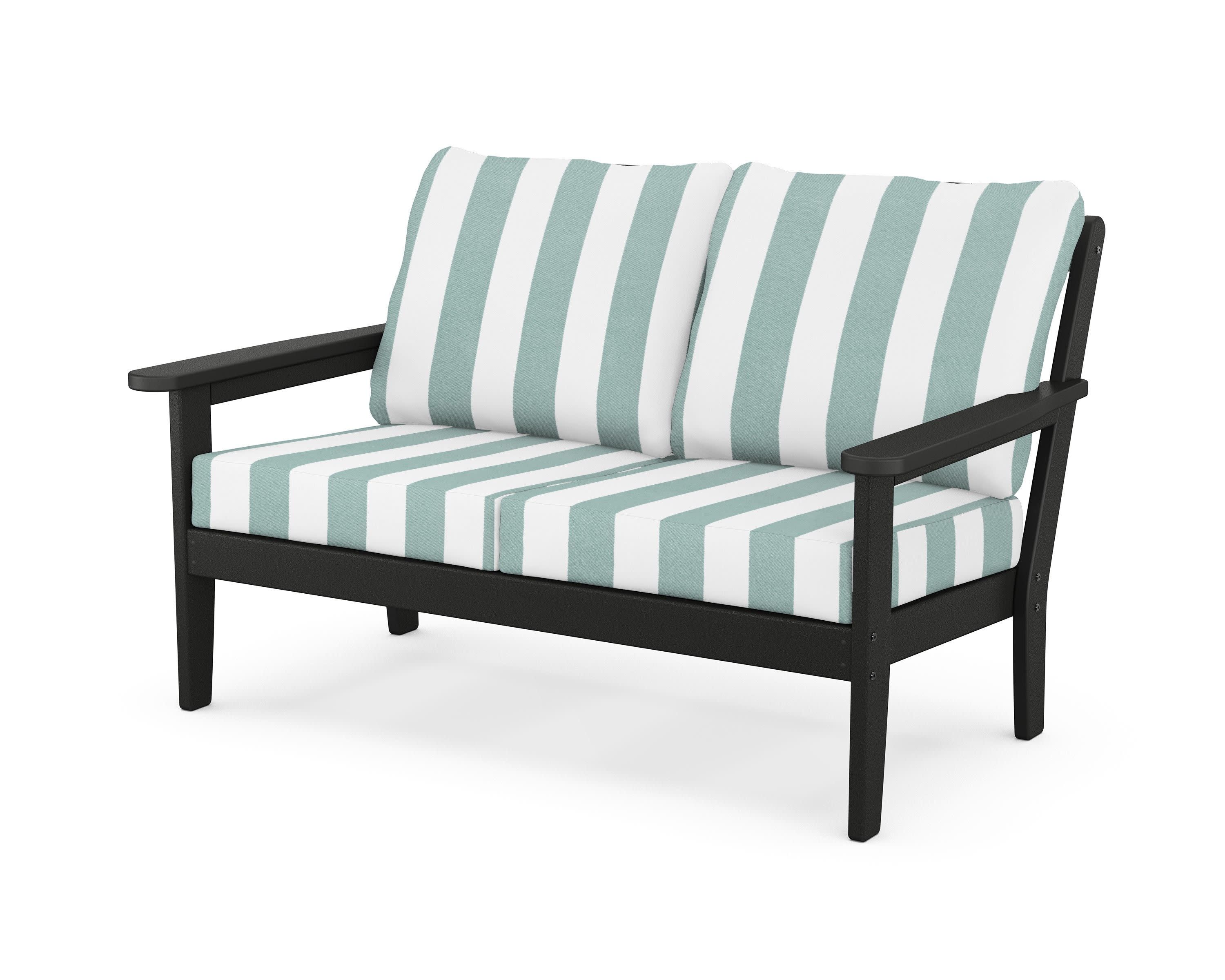 Cottage Deep Seating Loveseat in Black / Cabana Stripe Glacier Spa
