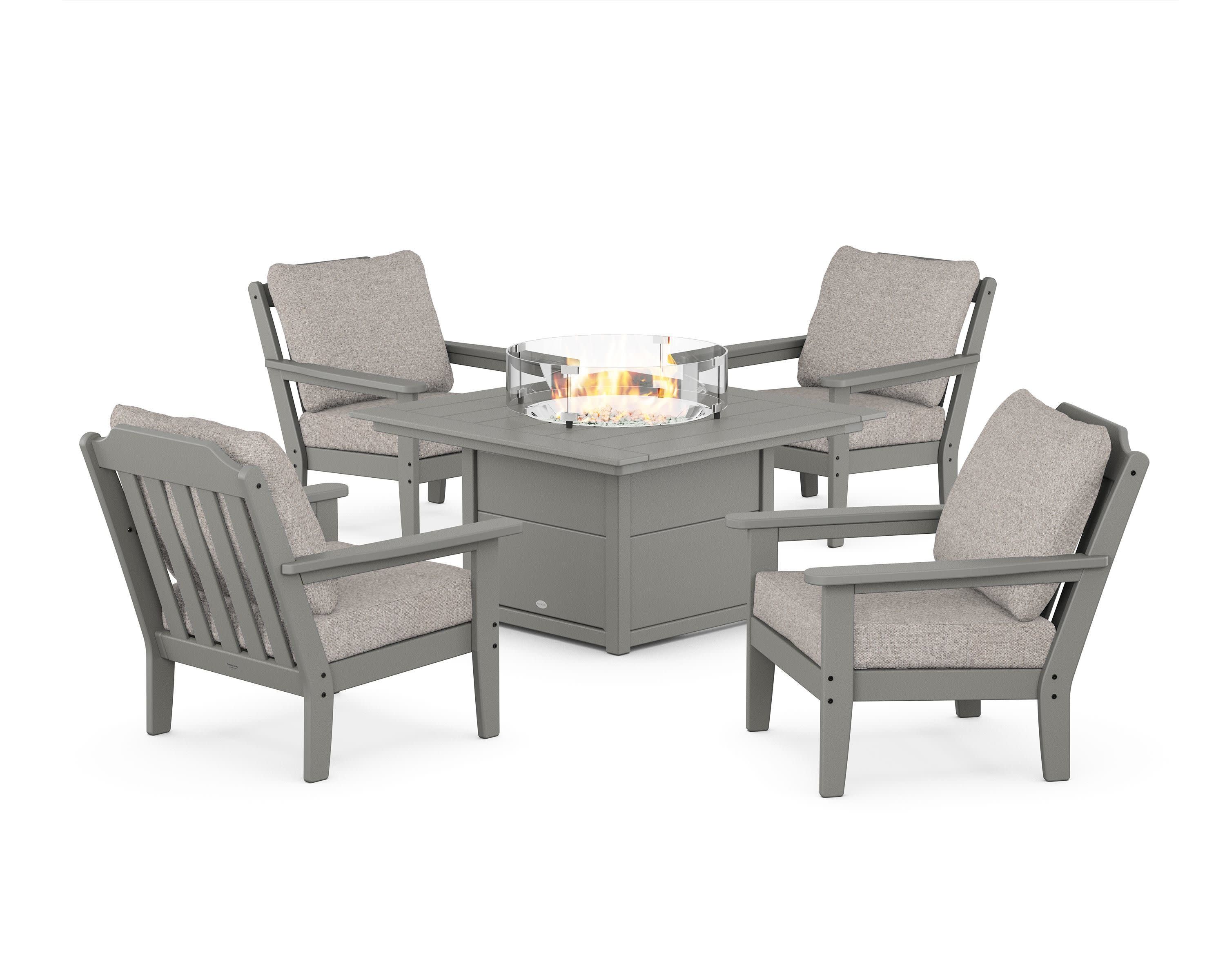Cottage 5-Piece Deep Seating Set with Fire Pit Table in Slate Grey / Weathered Tweed