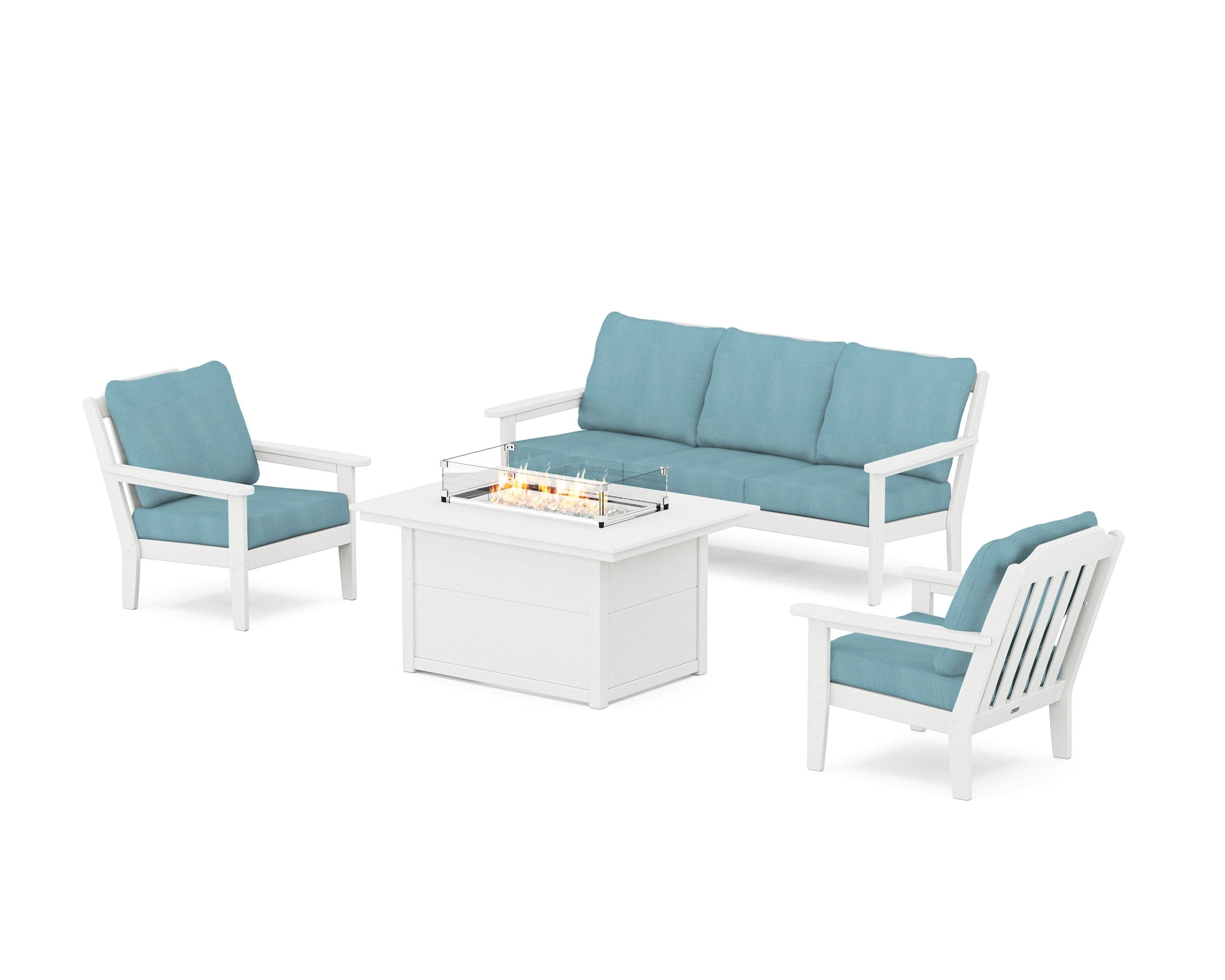 Cottage Deep Seating Fire Pit Table Set in White / Lattice Sky Blue