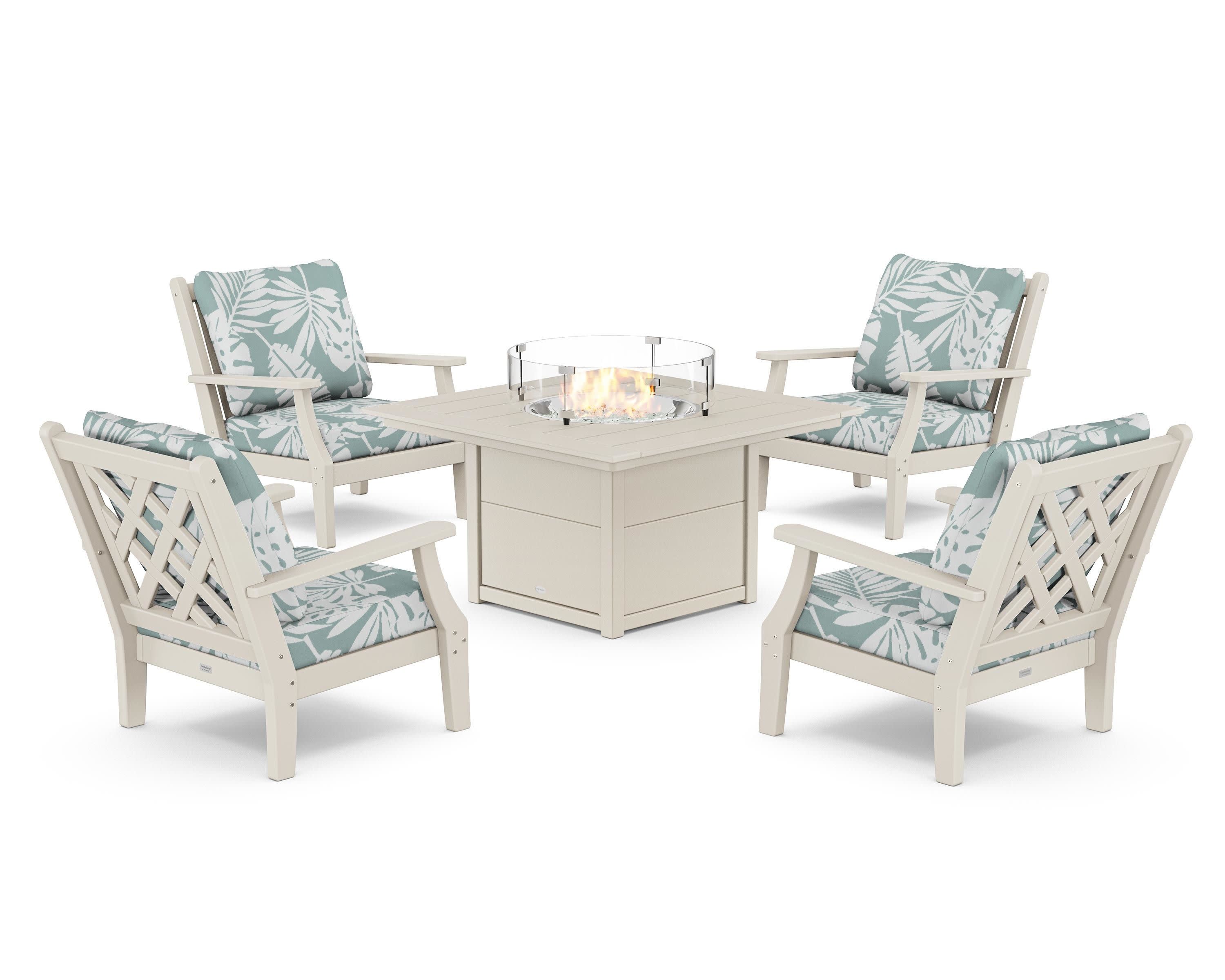 Wovendale 5-Piece Deep Seating Set with Fire Pit Table in Sand / Leaf Glacier Spa