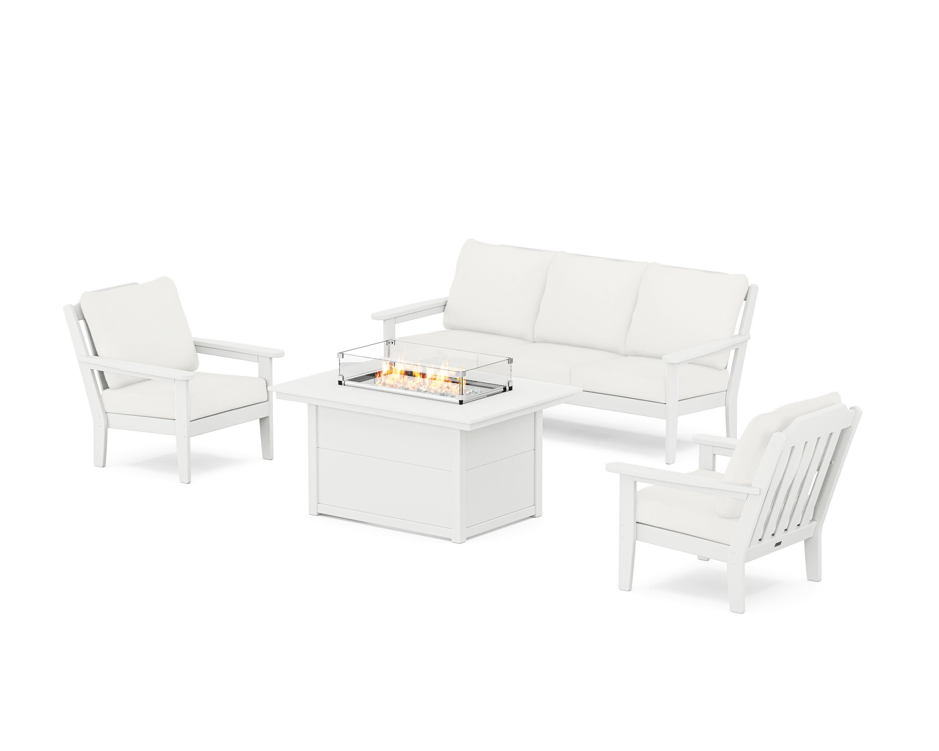 Cottage Deep Seating Fire Pit Table Set in White / Natural Linen