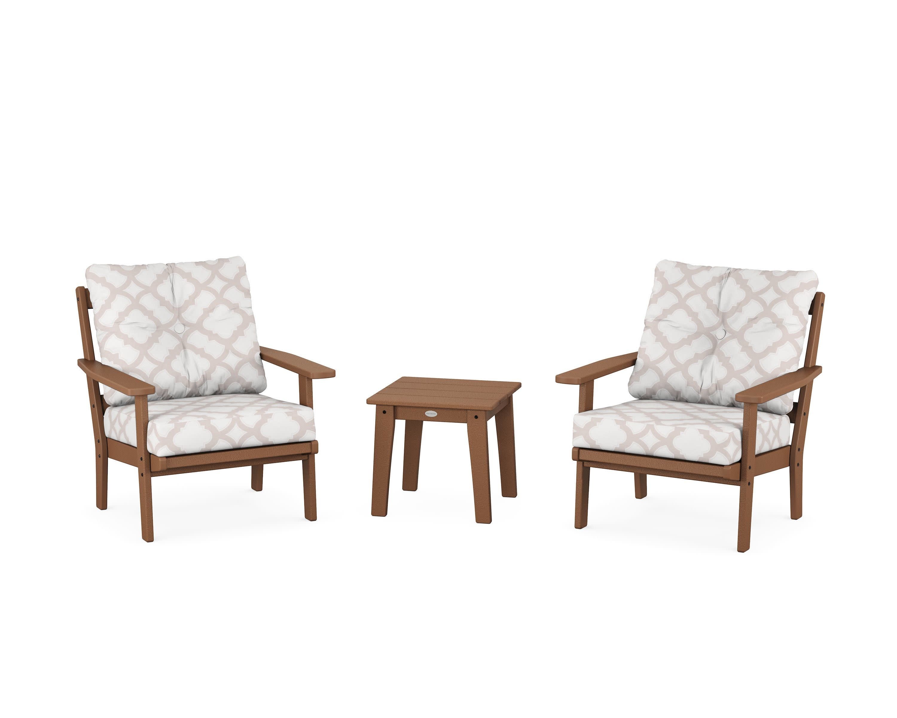 Prairie 3-Piece Deep Seating Set in Teak / Trellis Dune Burlap