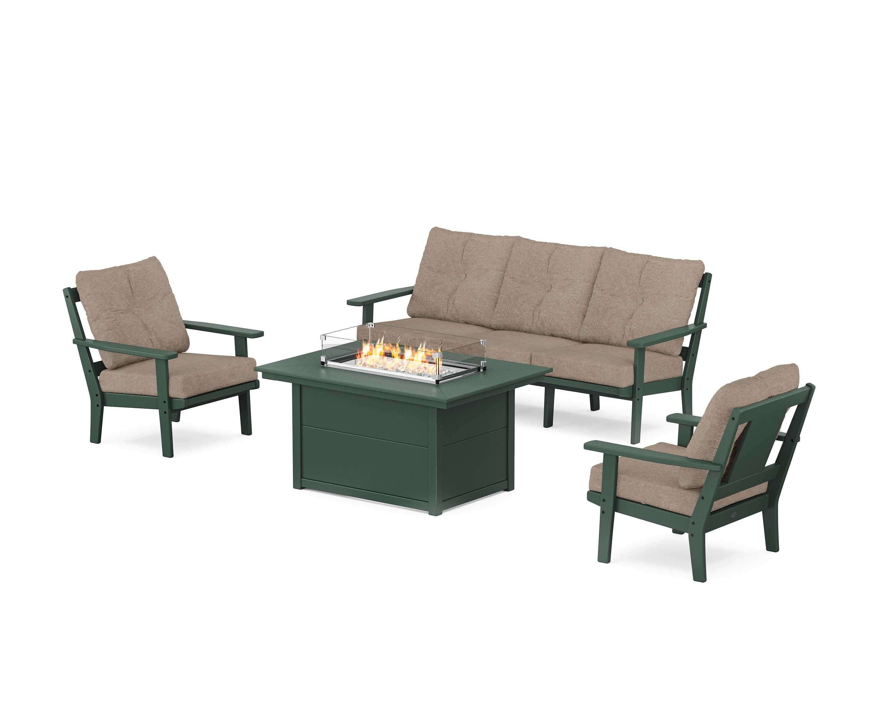 Prairie Deep Seating Fire Pit Table Set in Green / Spiced Burlap