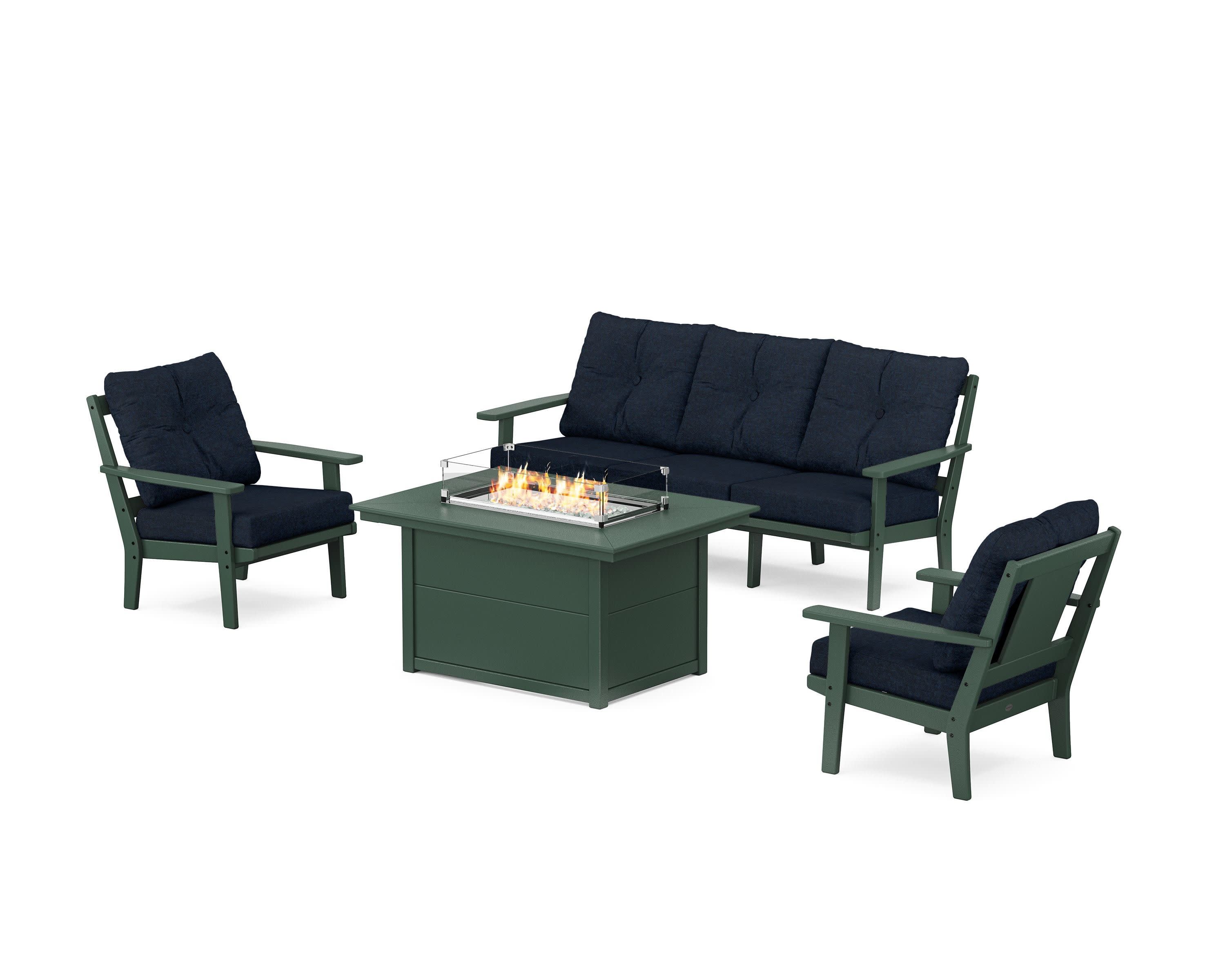 Prairie Deep Seating Fire Pit Table Set in Green / Marine Indigo