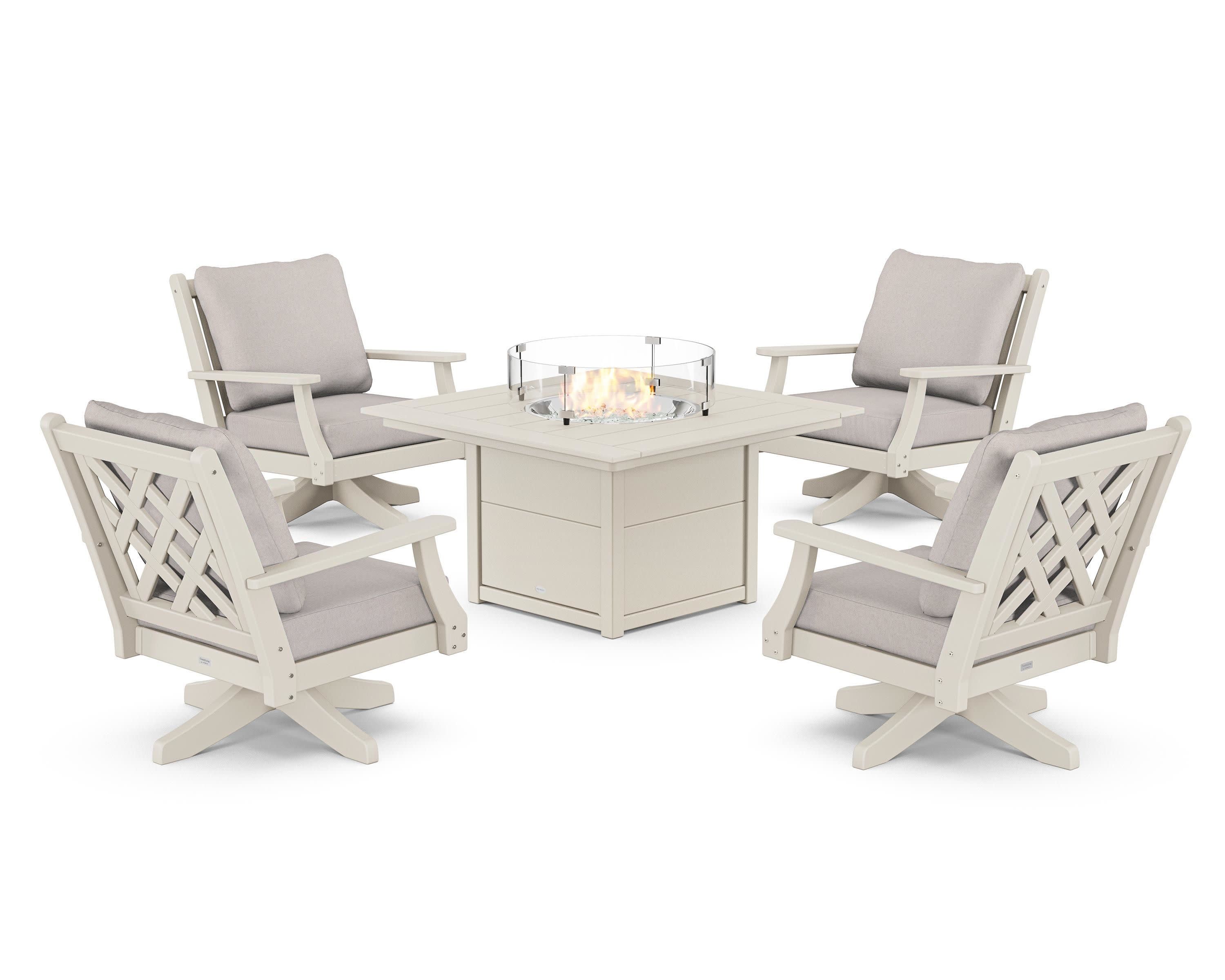 Wovendale 5-Piece Deep Seating Swivel Conversation Set with Fire Pit Table in Sand / Dune Burlap