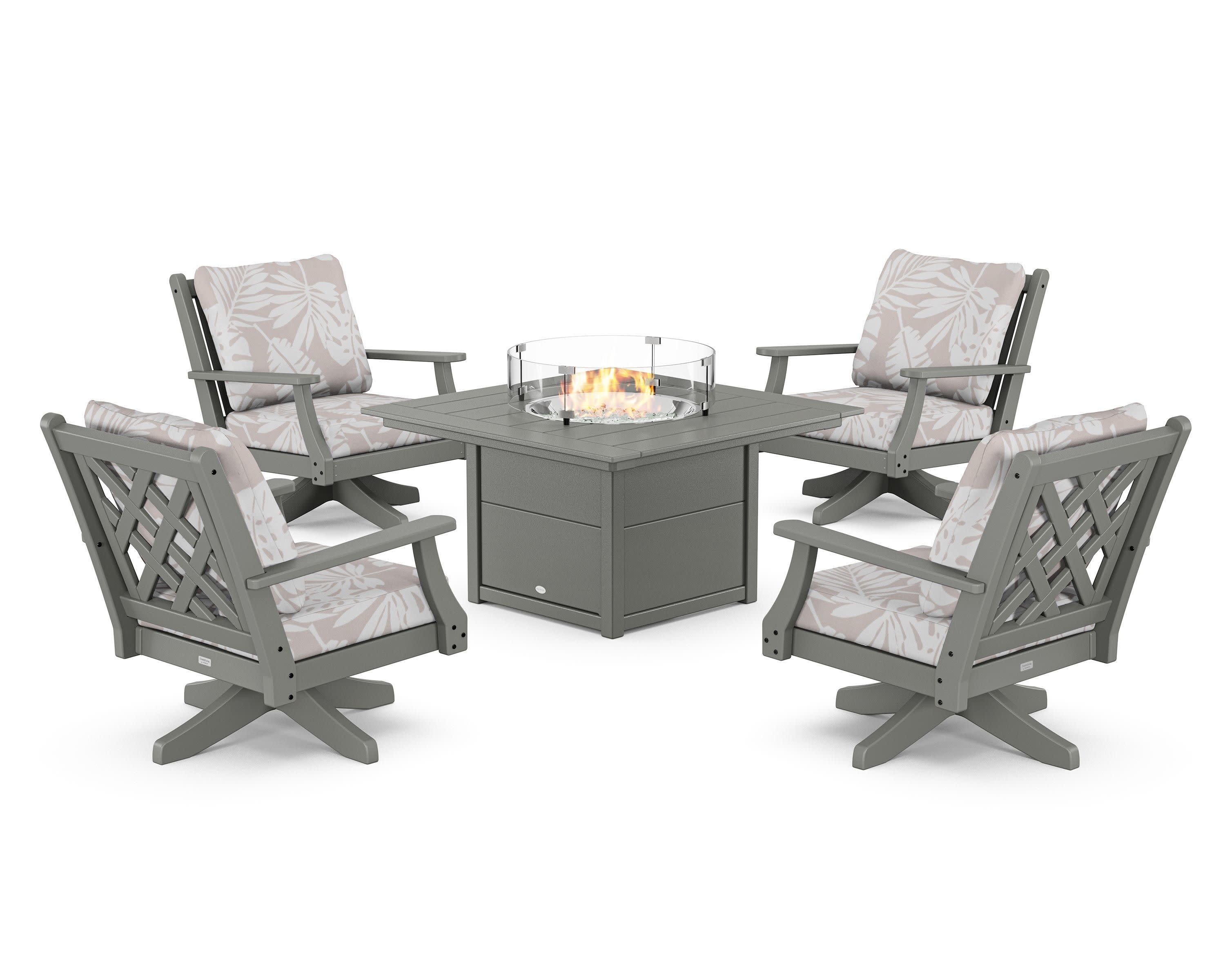 Wovendale 5-Piece Deep Seating Swivel Conversation Set with Fire Pit Table in Slate Grey / Leaf Dune Burlap