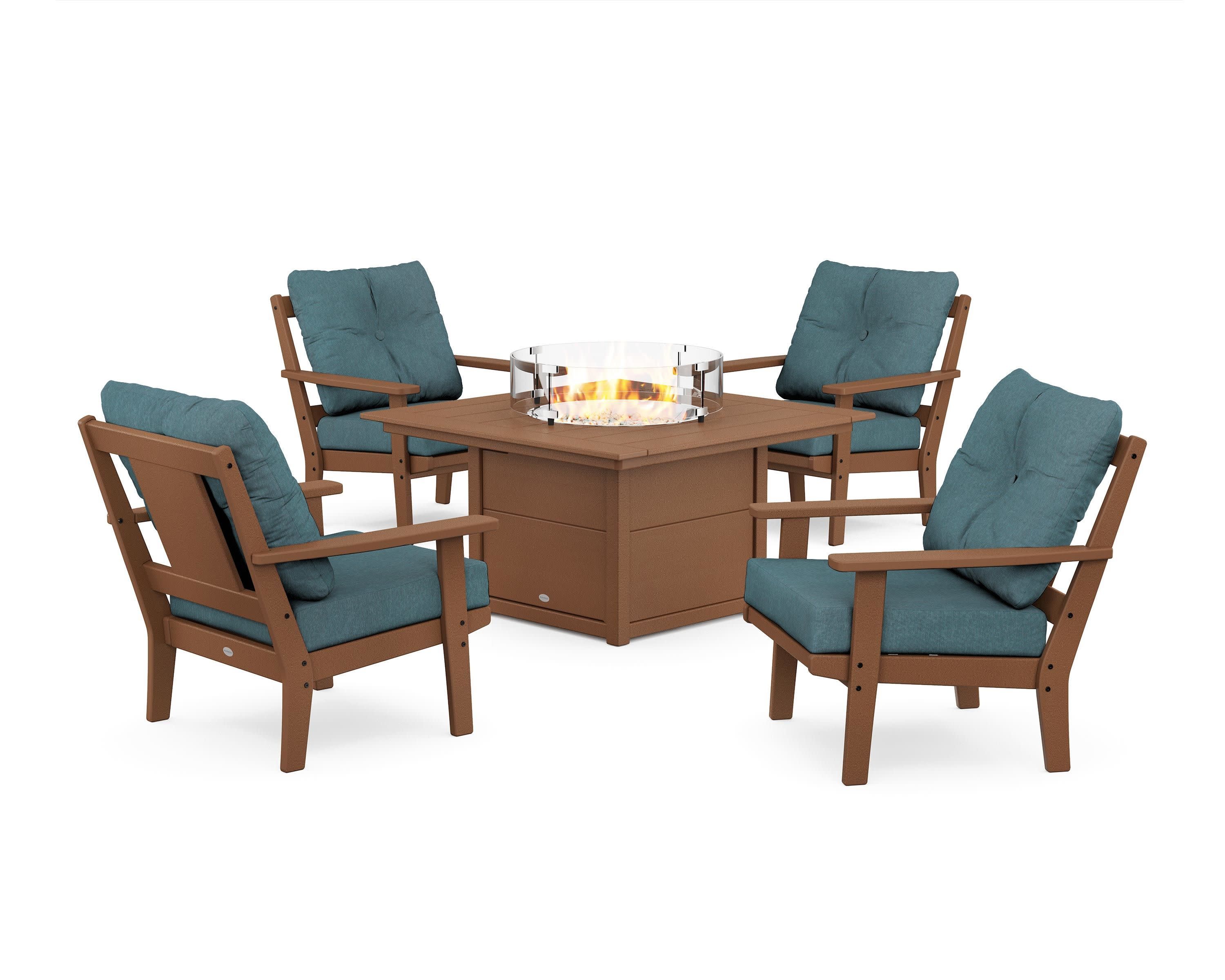 Prairie 5-Piece Deep Seating Set with Fire Pit Table in Teak / Ocean Teal