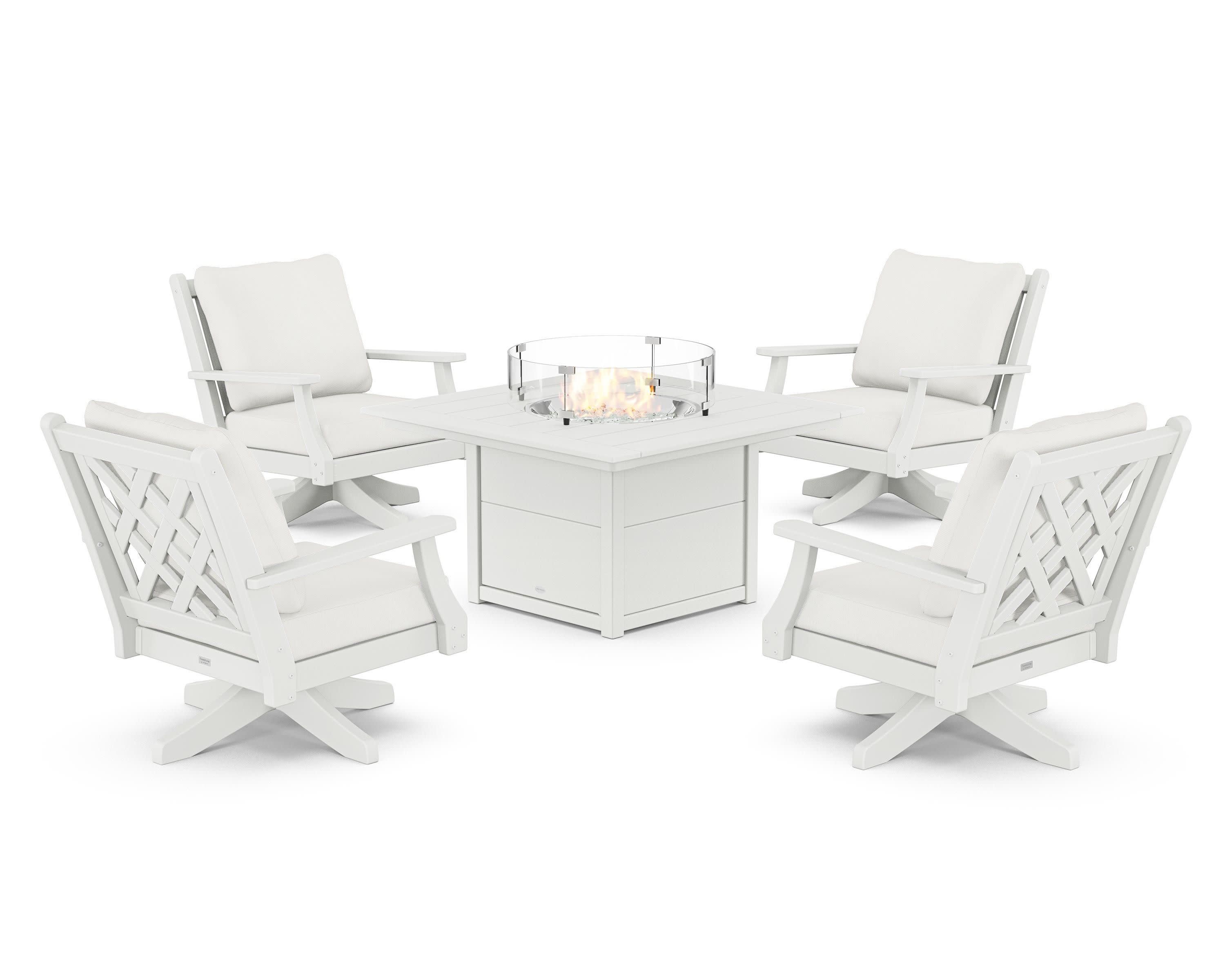 Wovendale 5-Piece Deep Seating Swivel Conversation Set with Fire Pit Table in White / Natural Linen