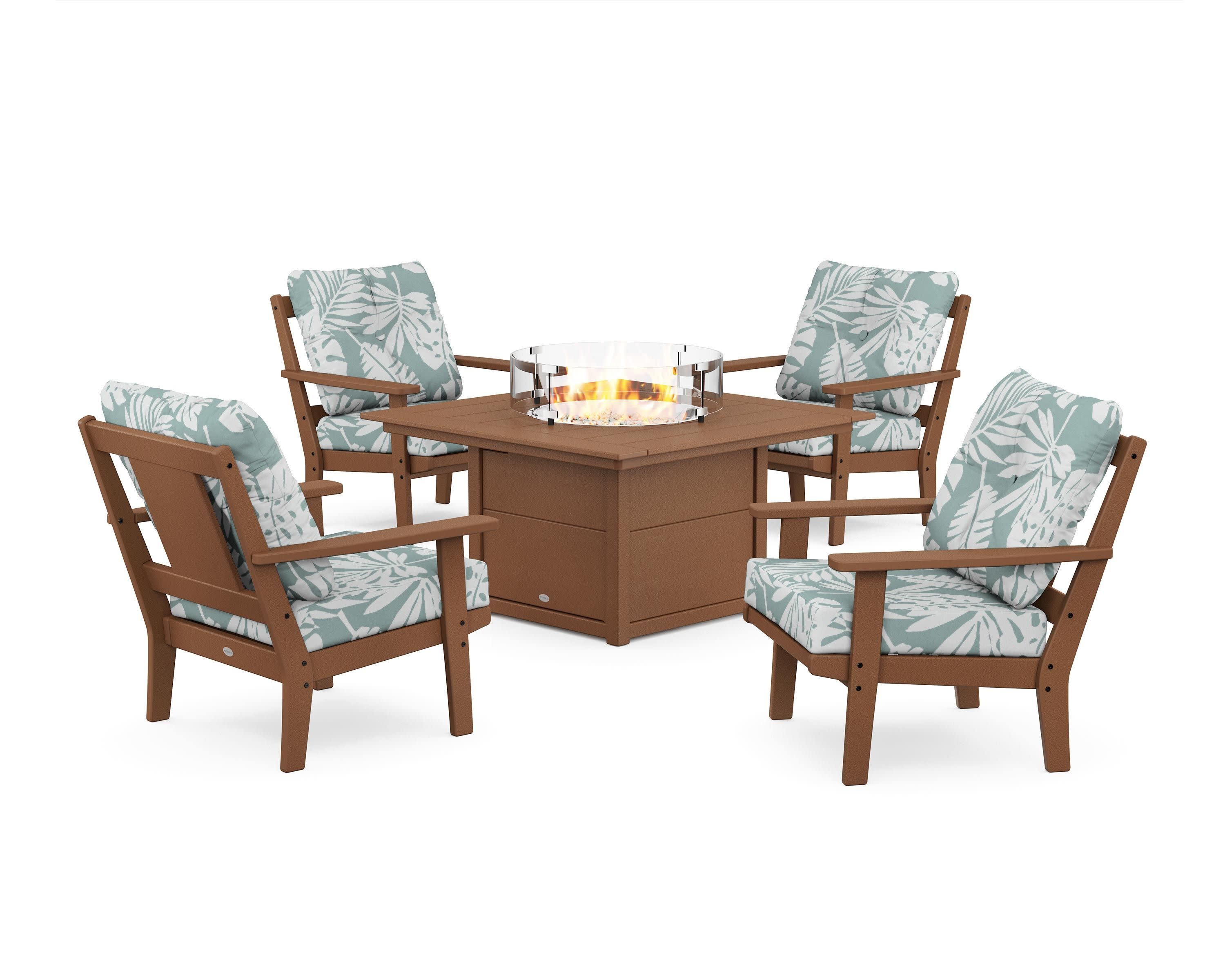 Prairie 5-Piece Deep Seating Set with Fire Pit Table in Teak / Leaf Glacier Spa