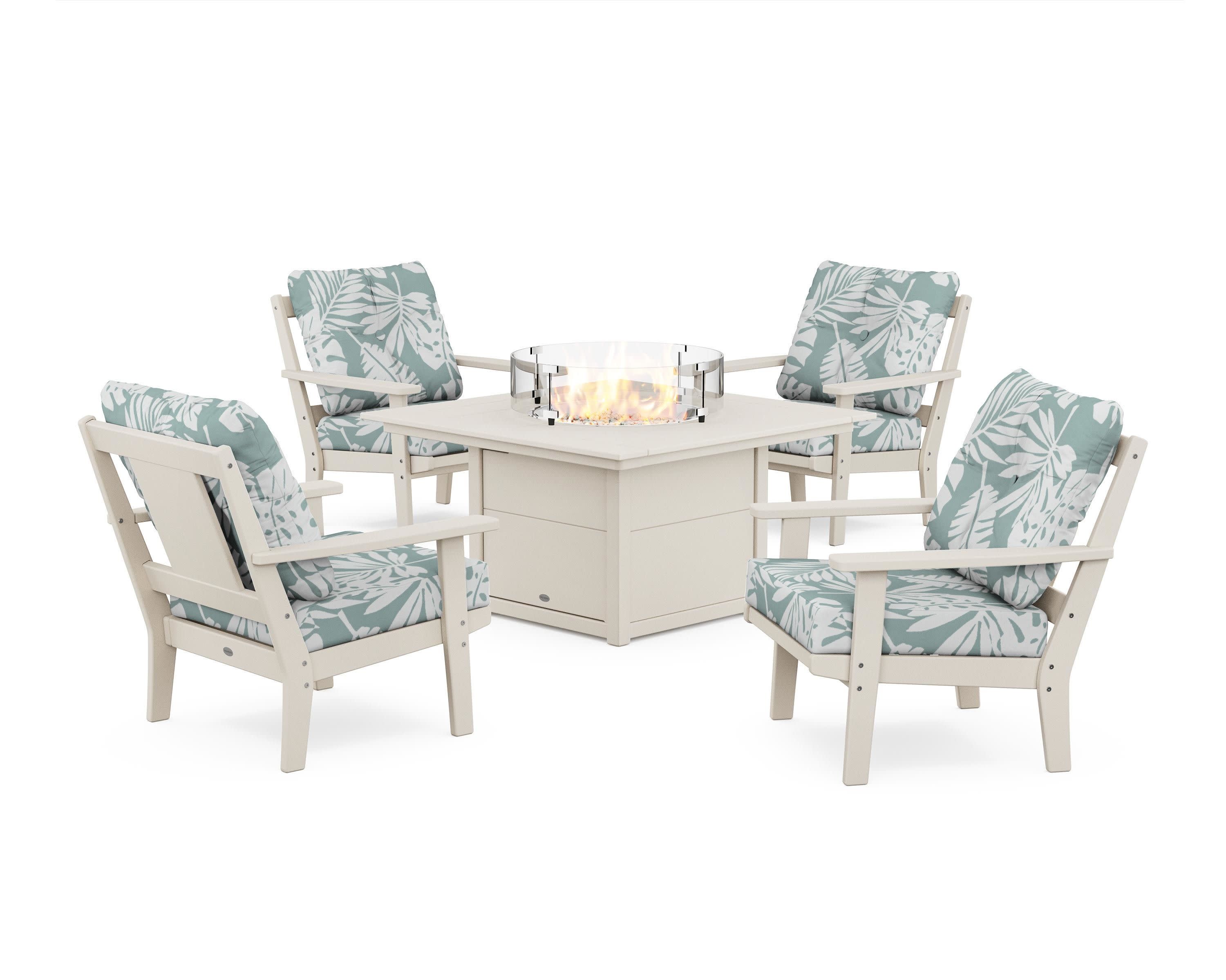 Prairie 5-Piece Deep Seating Set with Fire Pit Table in Sand / Leaf Glacier Spa