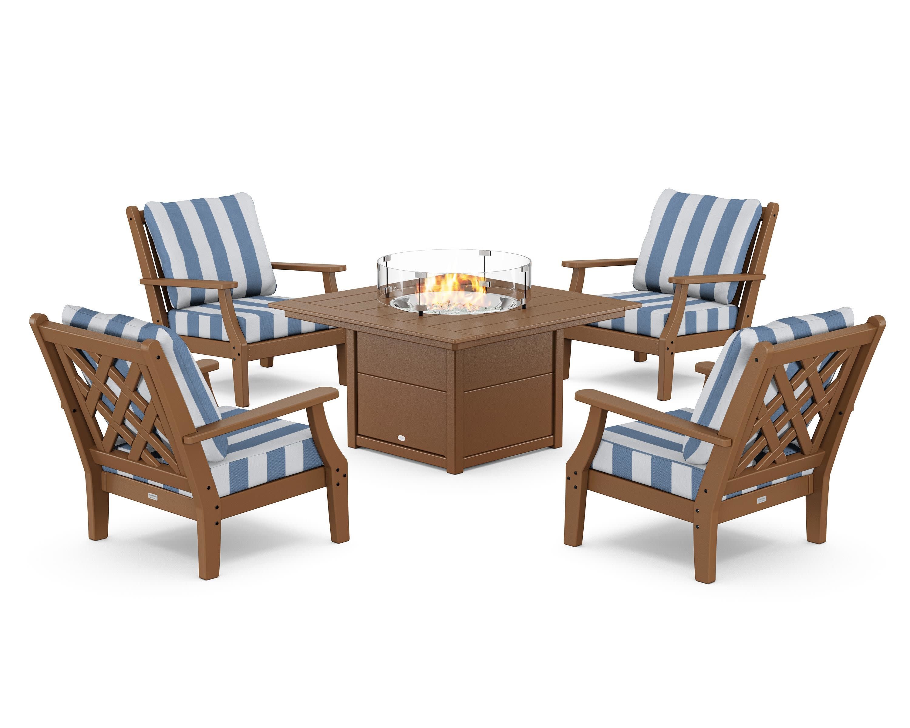 Wovendale 5-Piece Deep Seating Set with Fire Pit Table in Teak / Cabana Stripe Sky Blue