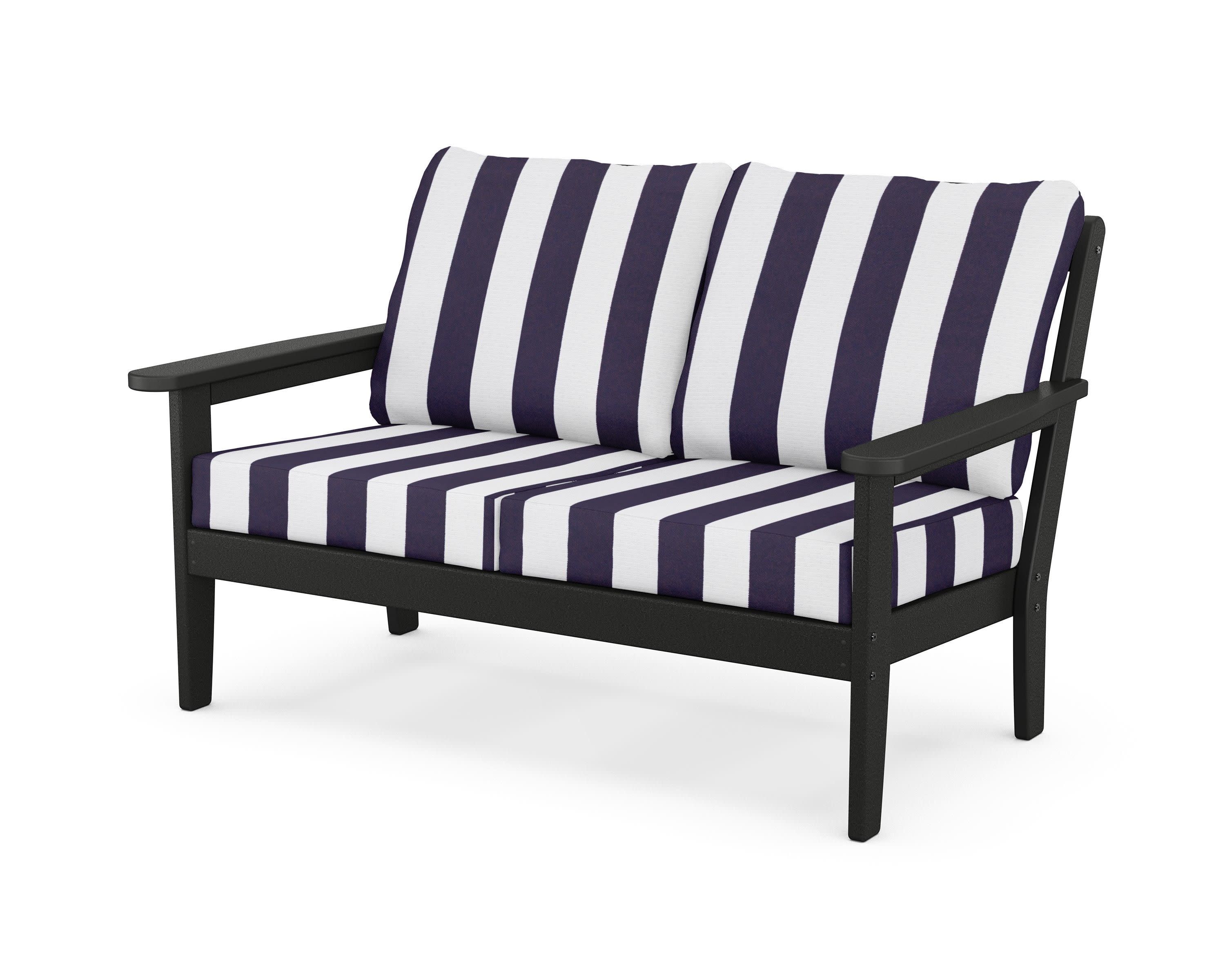 Cottage Deep Seating Loveseat in Black / Cabana Stripe Navy
