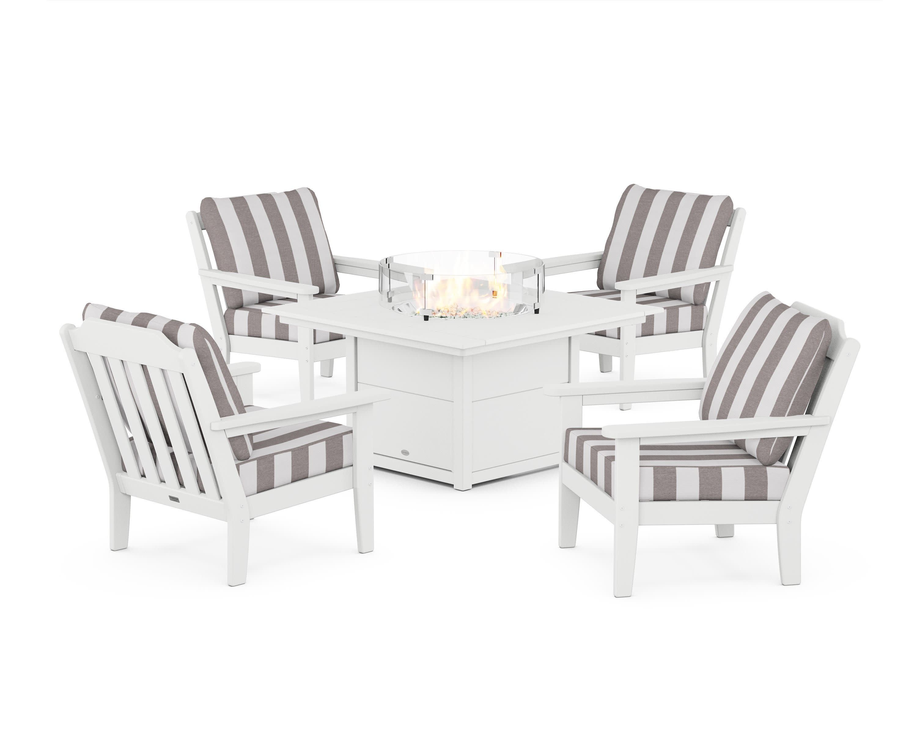 Cottage 5-Piece Deep Seating Set with Fire Pit Table in White / Cabana Stripe Grey Mist