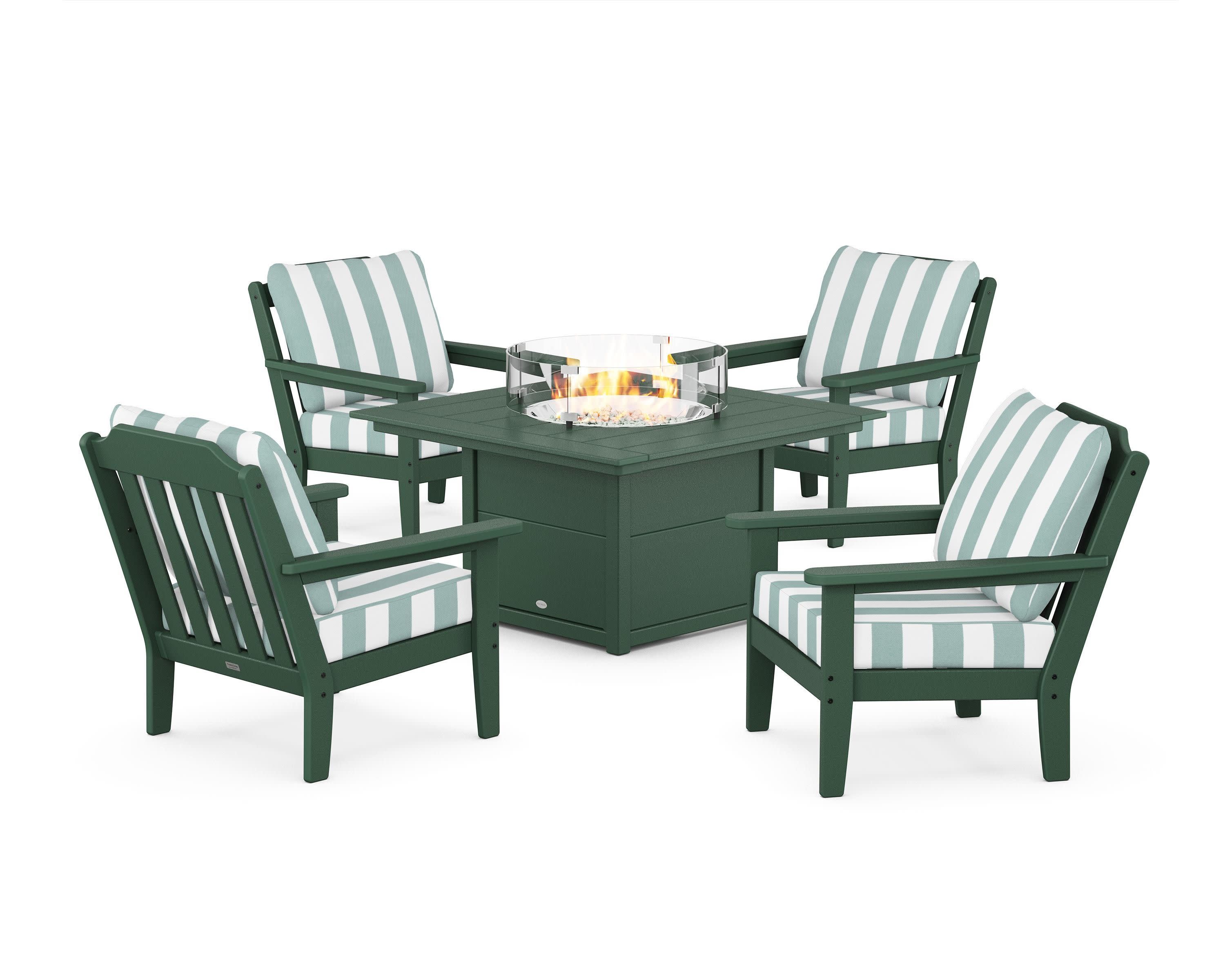 Cottage 5-Piece Deep Seating Set with Fire Pit Table in Green / Cabana Stripe Glacier Spa