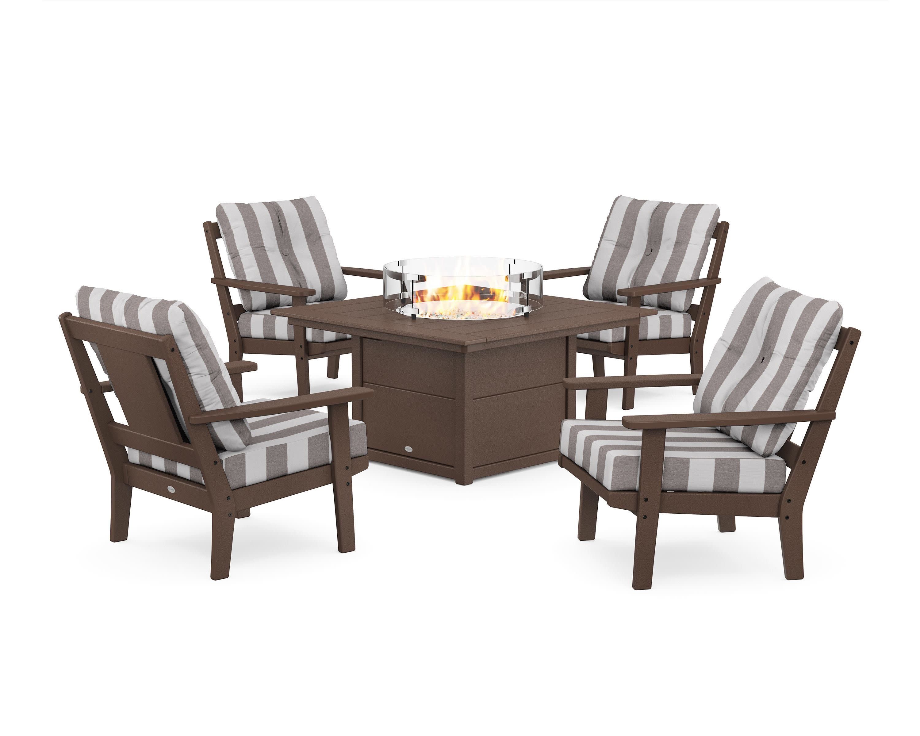 Prairie 5-Piece Deep Seating Set with Fire Pit Table in Mahogany / Cabana Stripe Grey Mist