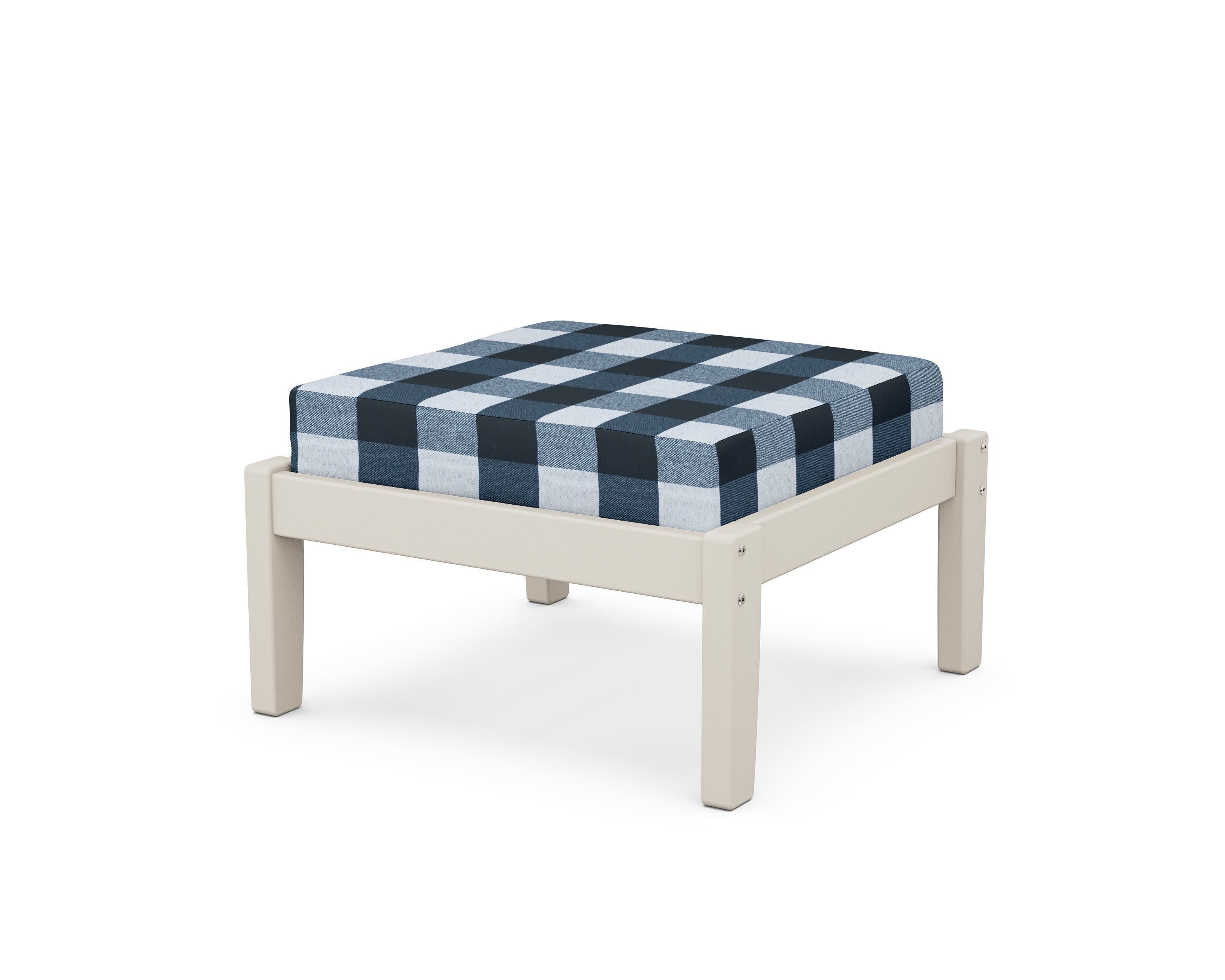 Deep Seating Ottoman in Sand / Buffalo Plaid Marine Indigo