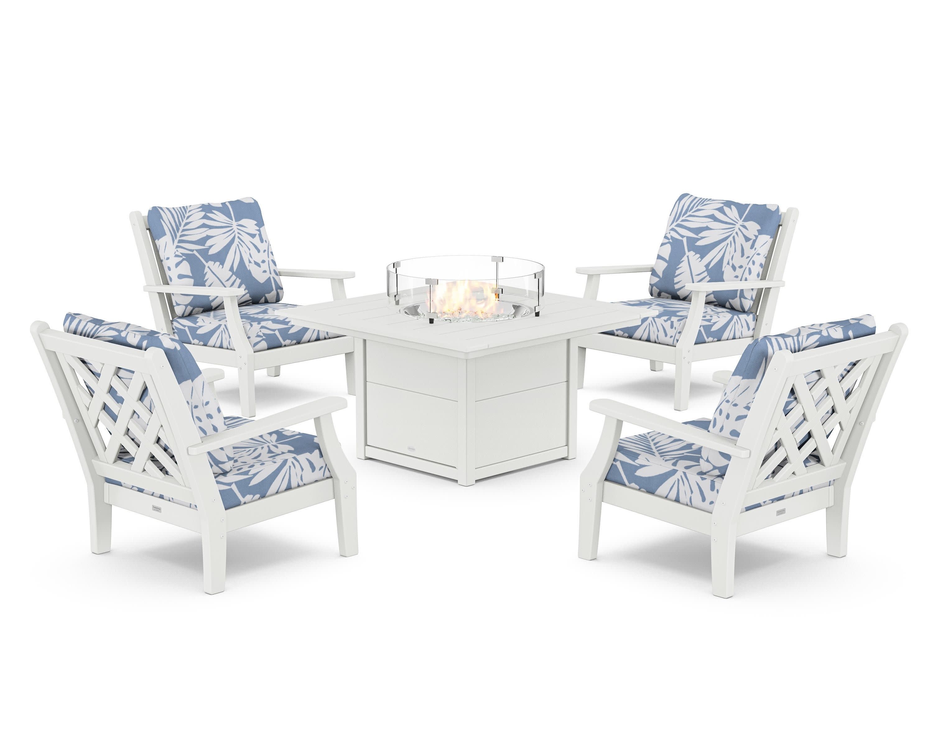 Wovendale 5-Piece Deep Seating Set with Fire Pit Table in White / Leaf Sky Blue