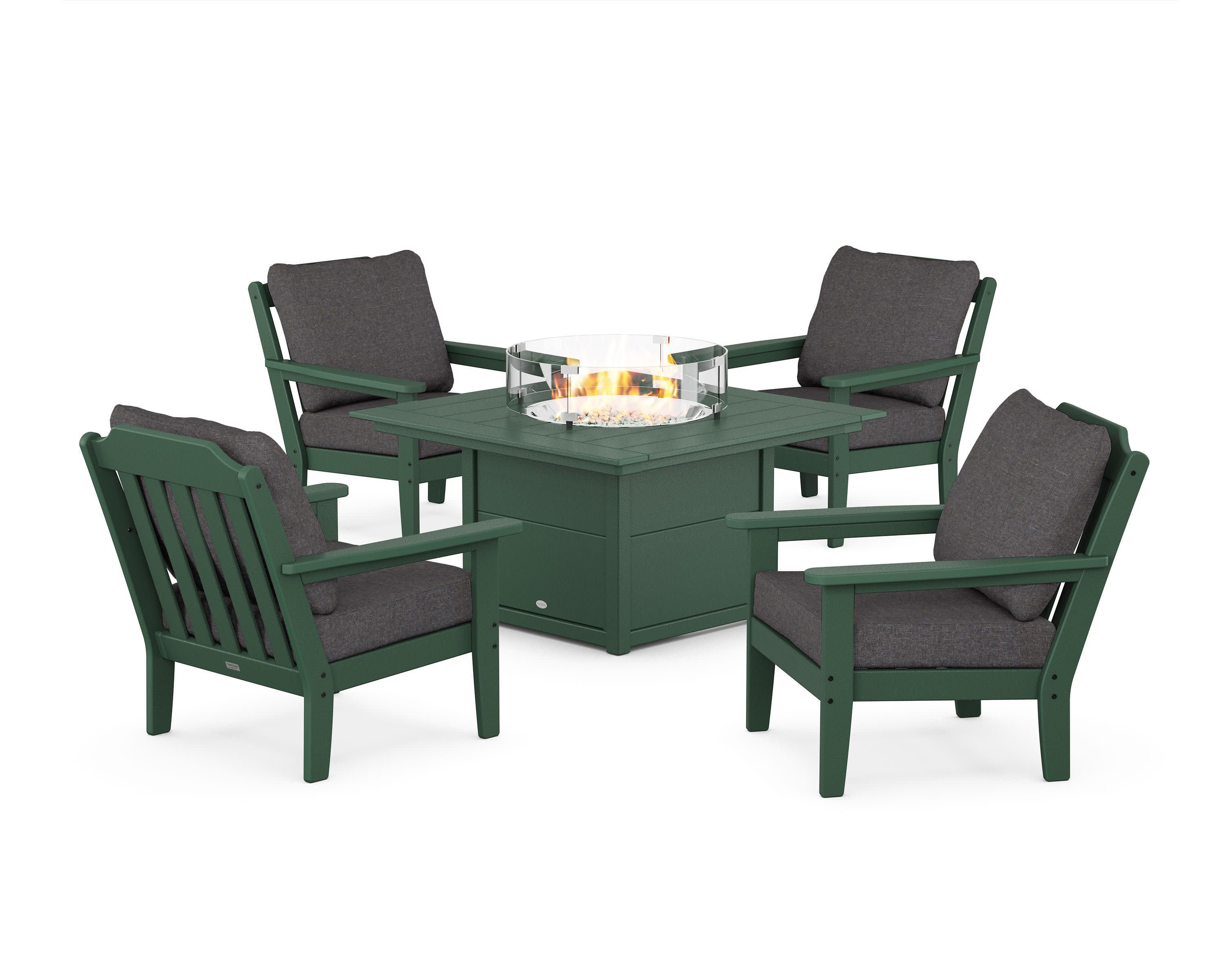 Cottage 5-Piece Deep Seating Set with Fire Pit Table in Green / Ash Charcoal