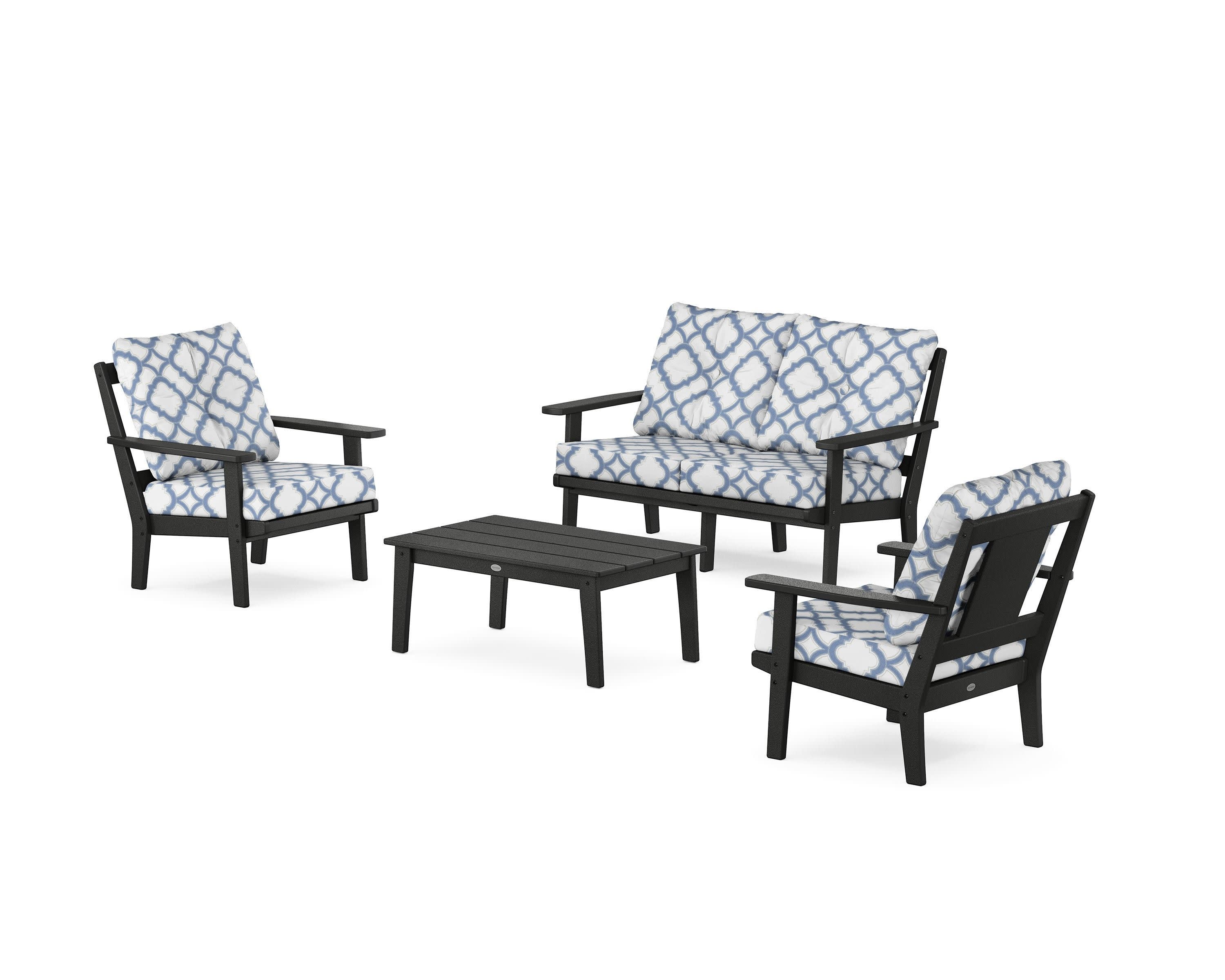 Prairie 4-Piece Deep Seating Set with Loveseat in Black / Trellis Sky Blue