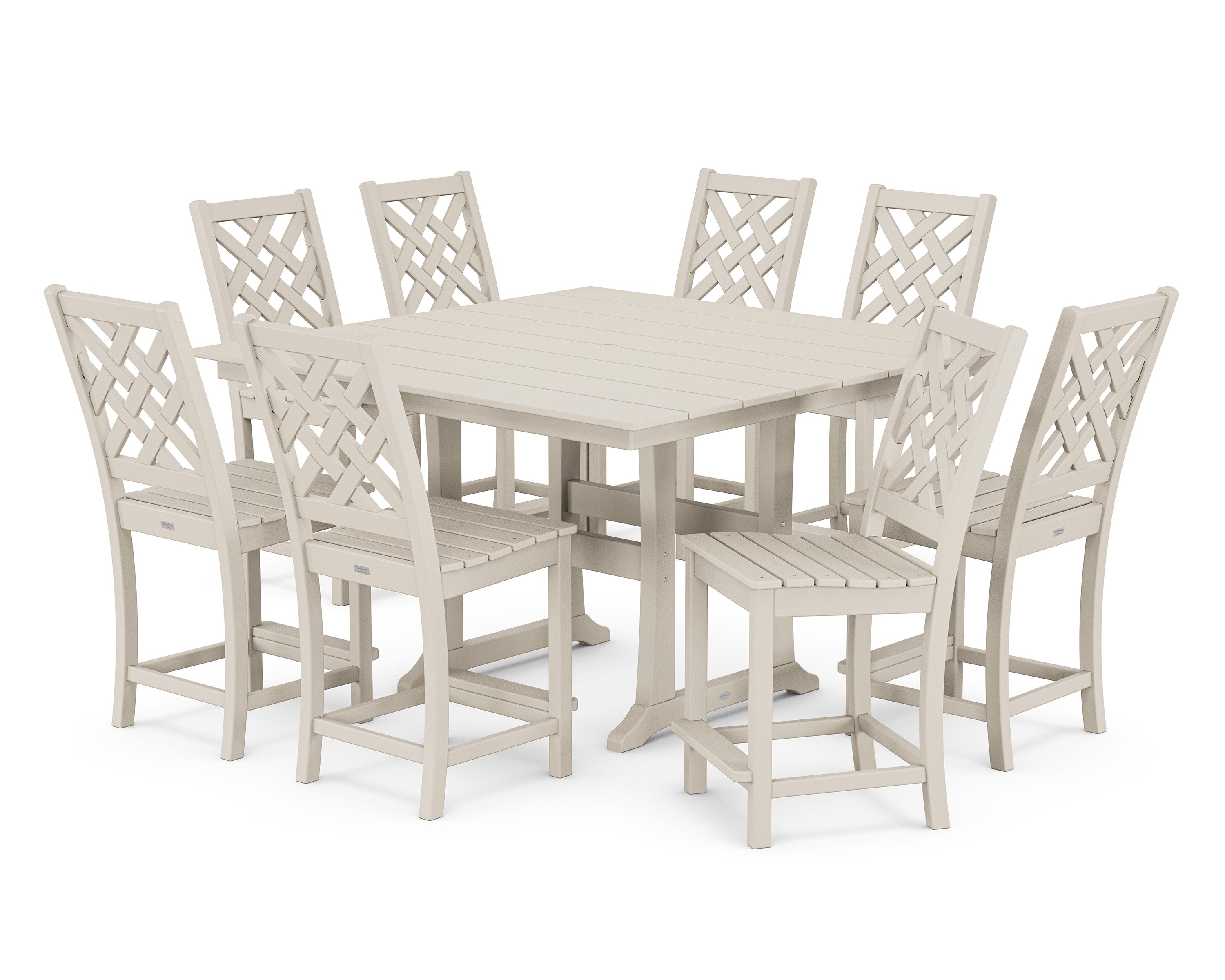 Wovendale Side Chair 9-Piece Square Farmhouse Counter Set with Trestle Legs in Sand