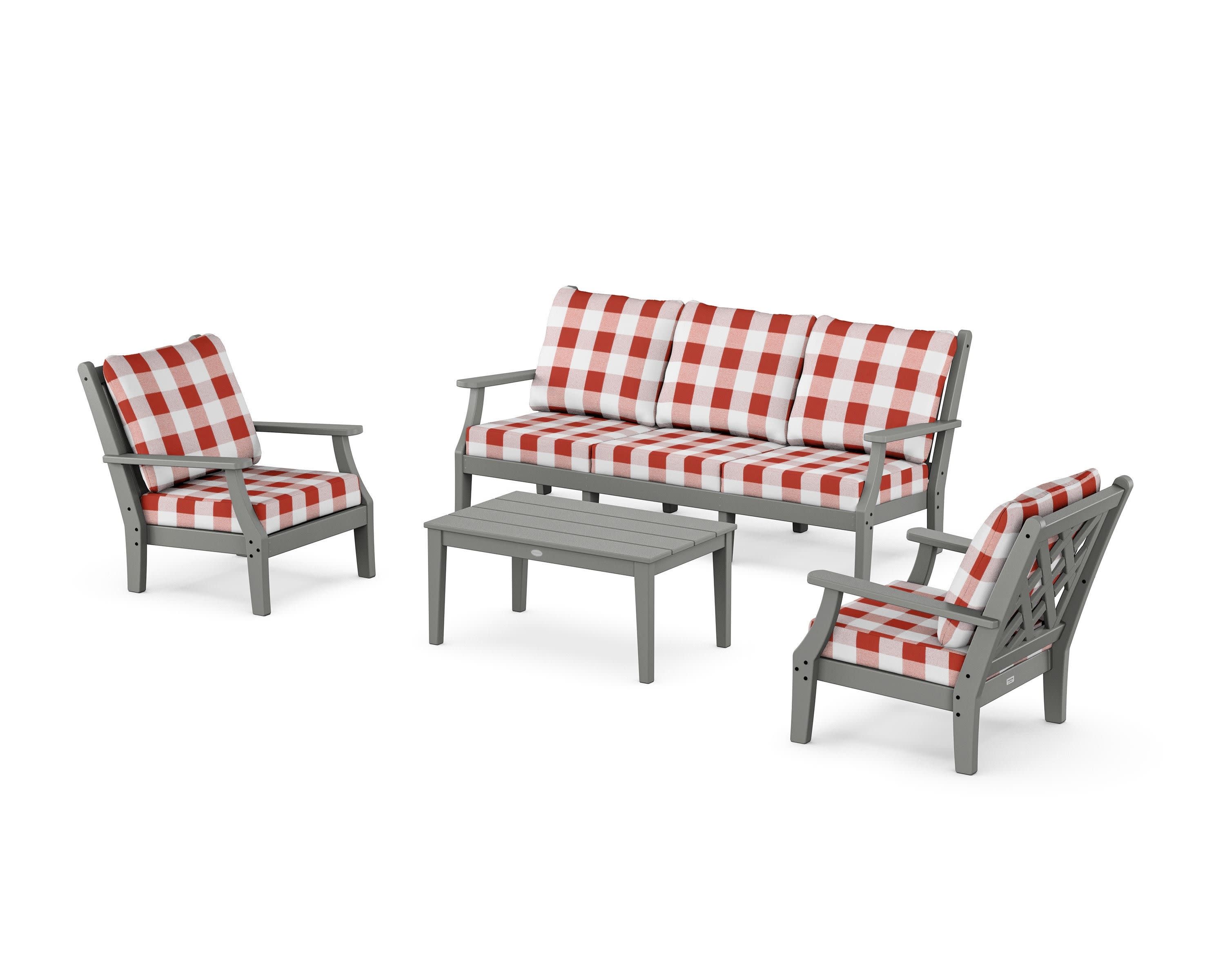 Wovendale 4-Piece Deep Seating Set with Sofa in Slate Grey / Buffalo Plaid Crimson