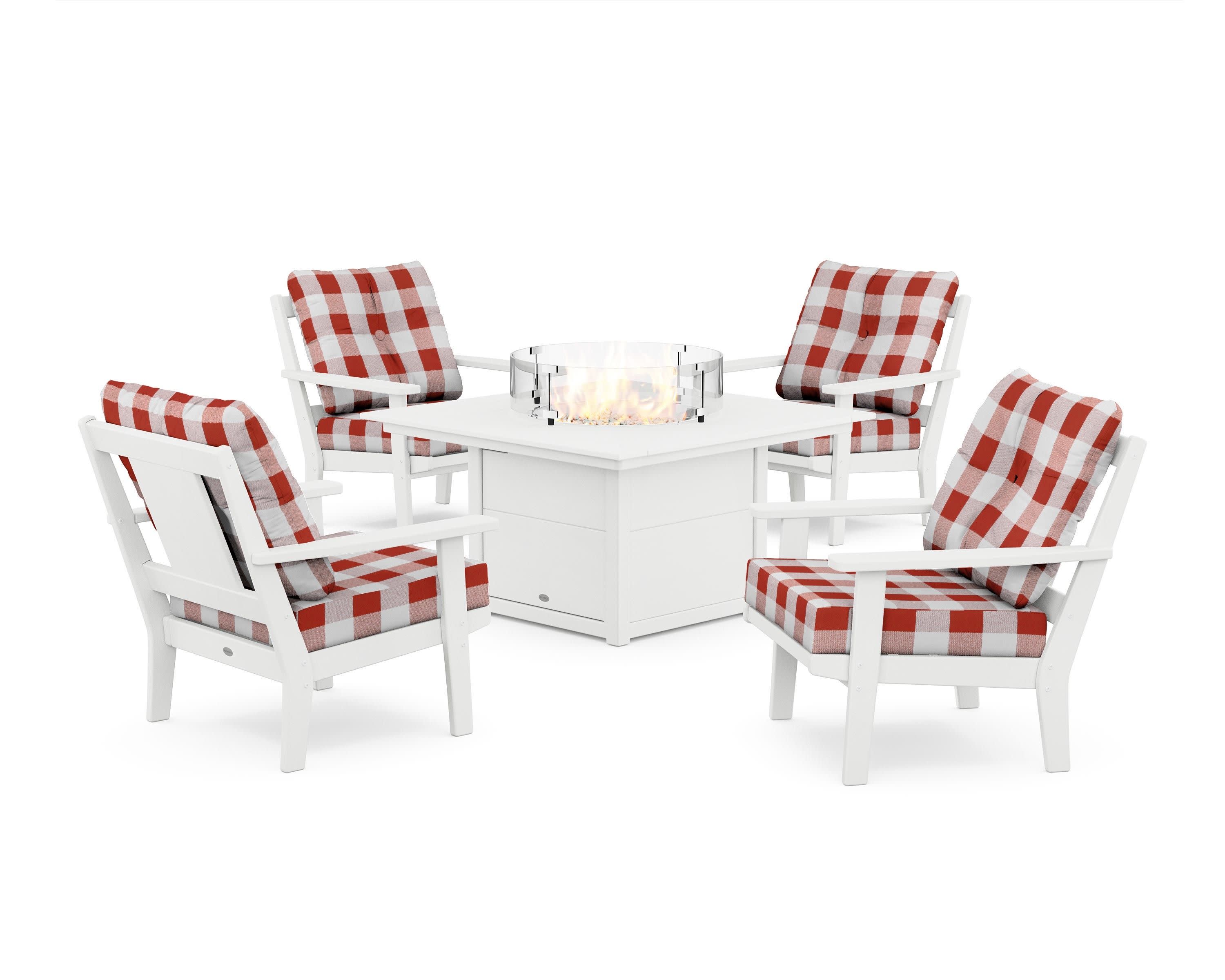 Prairie 5-Piece Deep Seating Set with Fire Pit Table in White / Buffalo Plaid Crimson