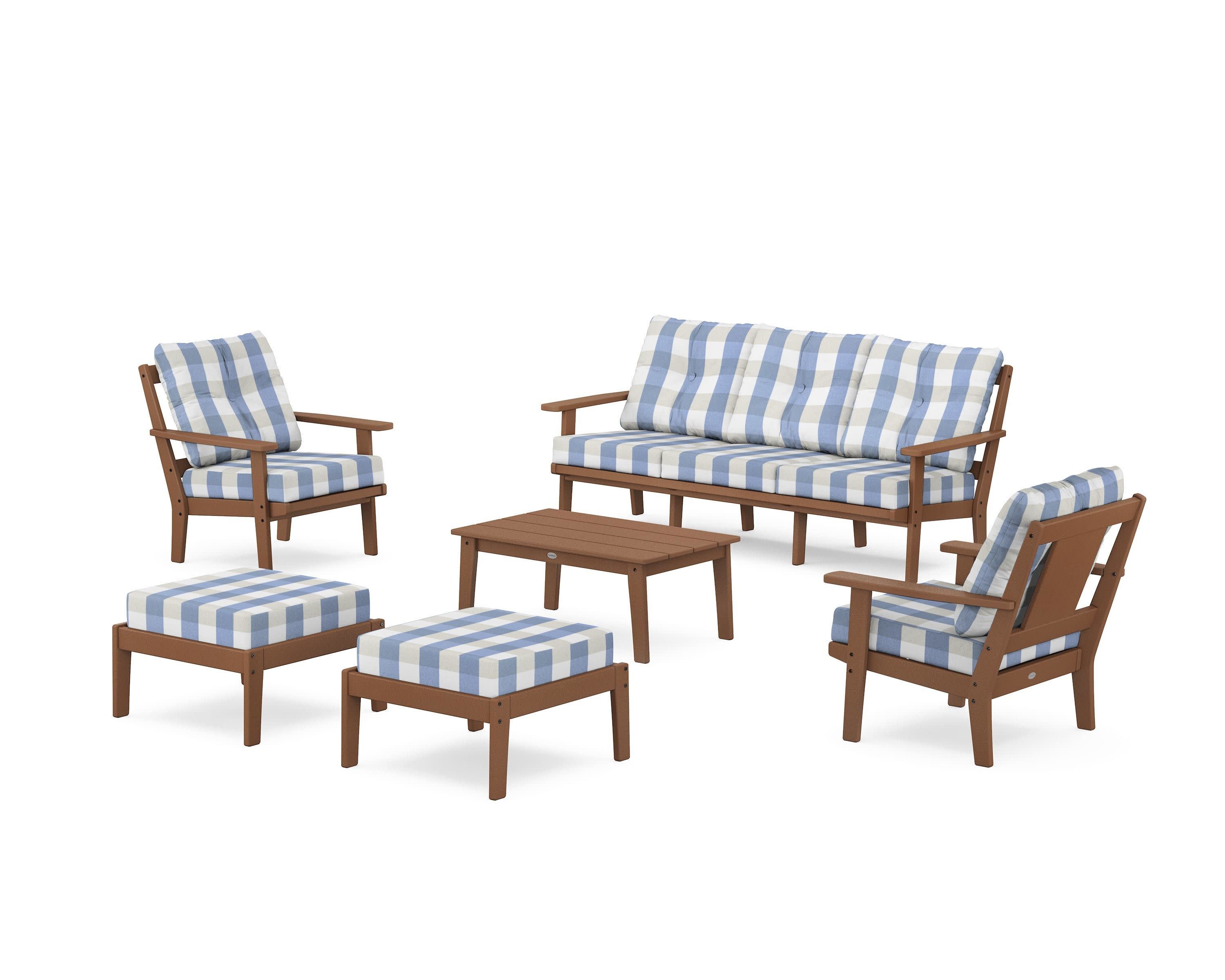 Prairie 6-Piece Lounge Sofa Set in Teak / Buffalo Plaid Sky Blue