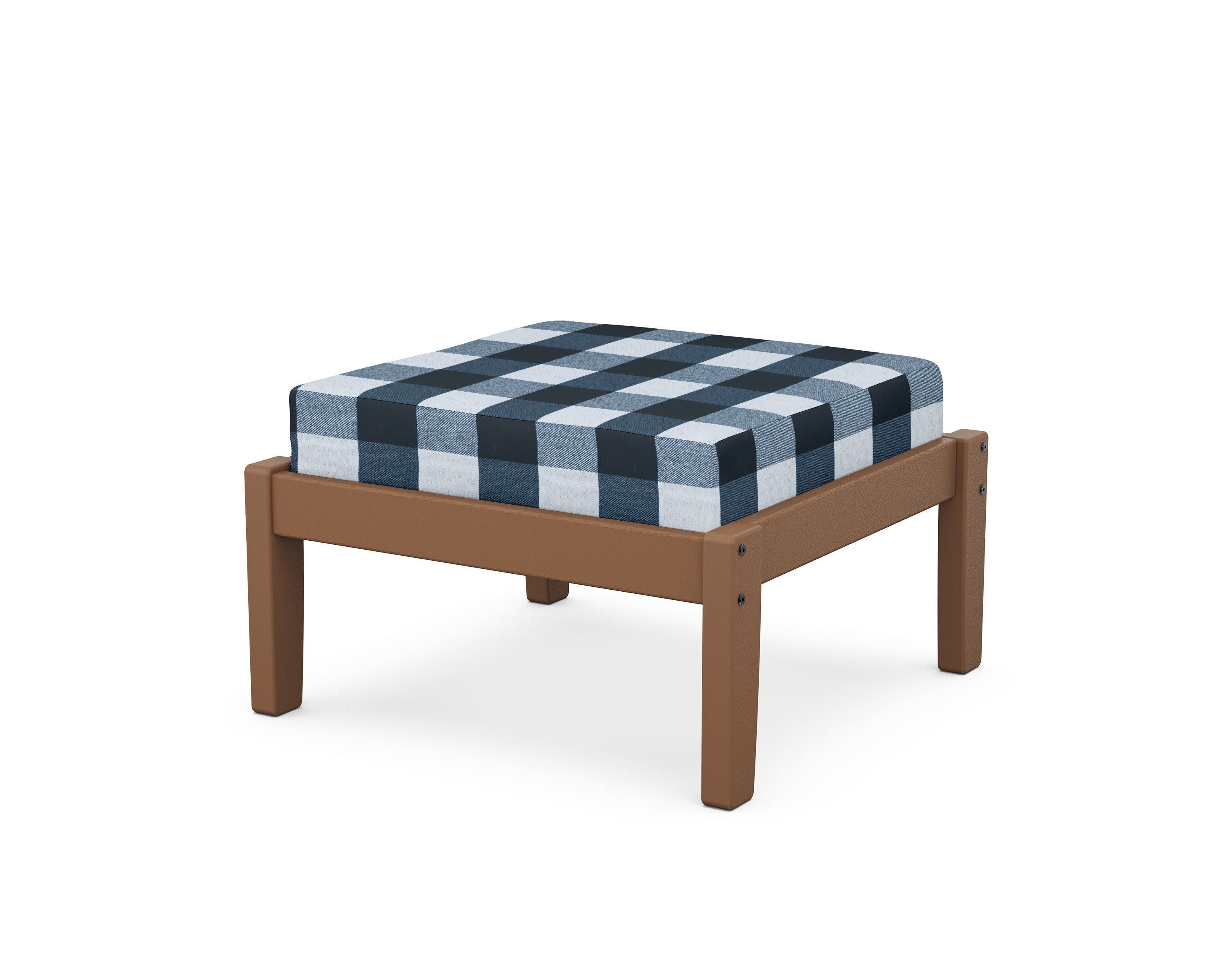 Deep Seating Ottoman in Teak / Buffalo Plaid Marine Indigo