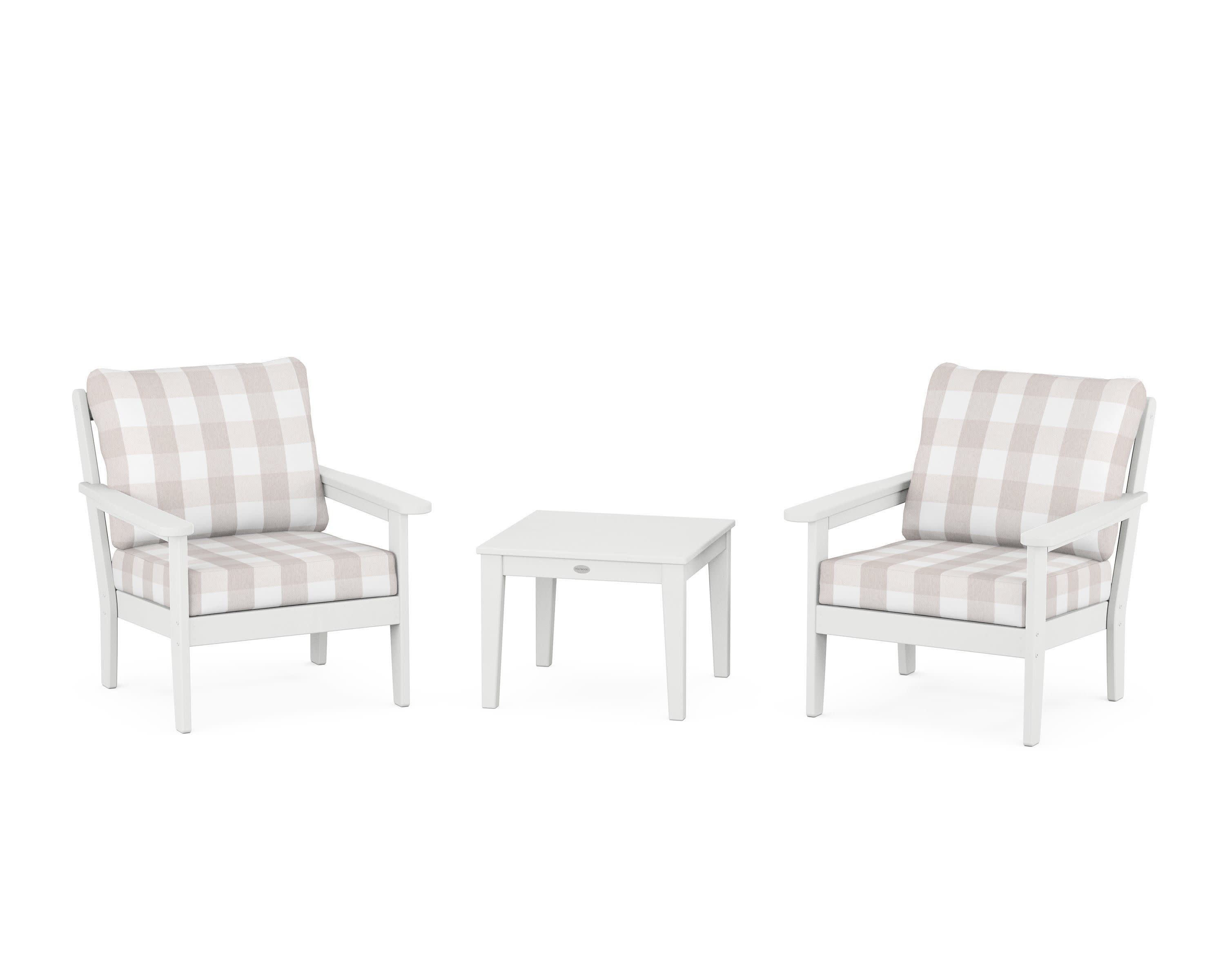 Cottage 3-Piece Deep Seating Set in White / Buffalo Plaid Dune Burlap