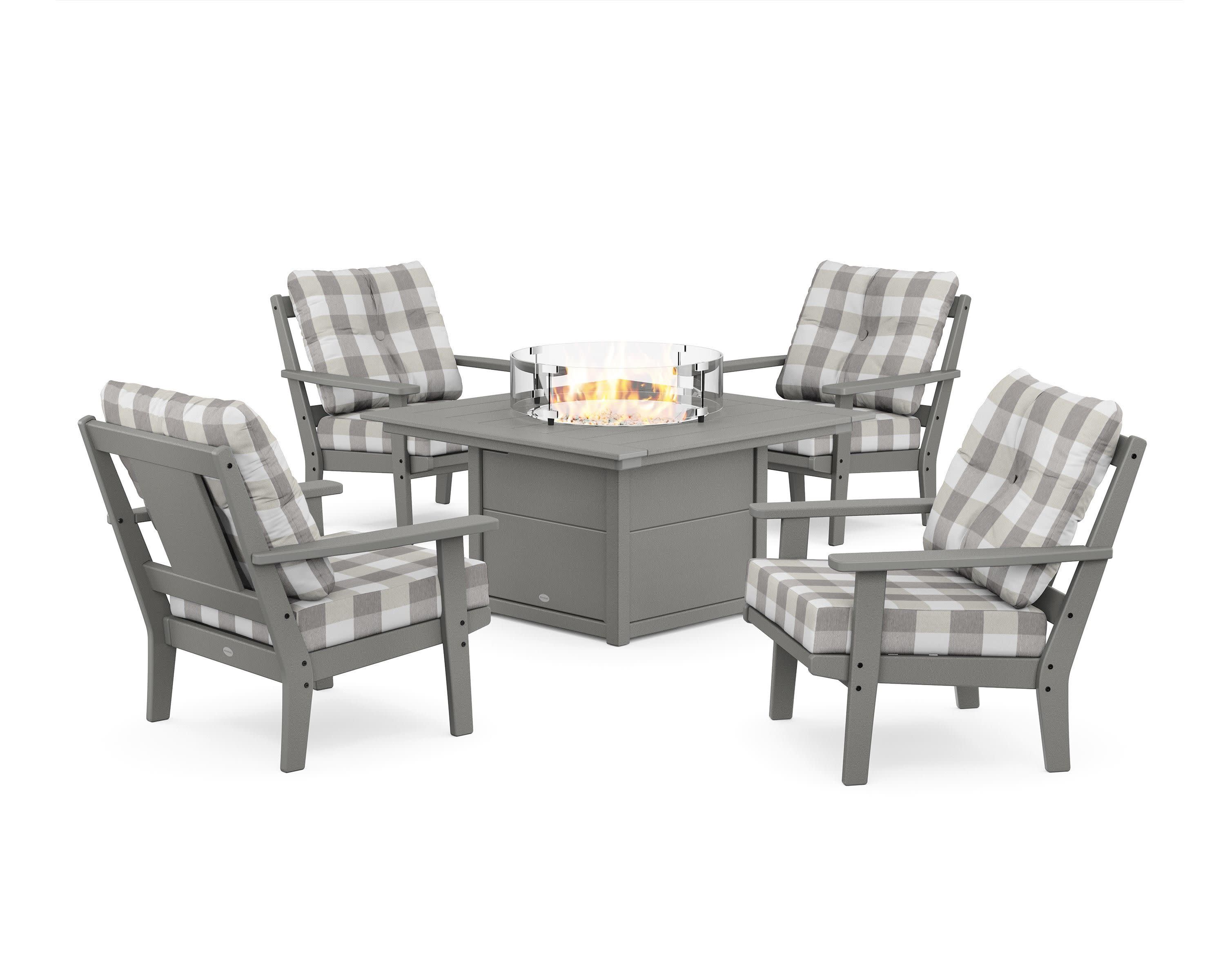 Prairie 5-Piece Deep Seating Set with Fire Pit Table in Slate Grey / Buffalo Plaid Grey Mist