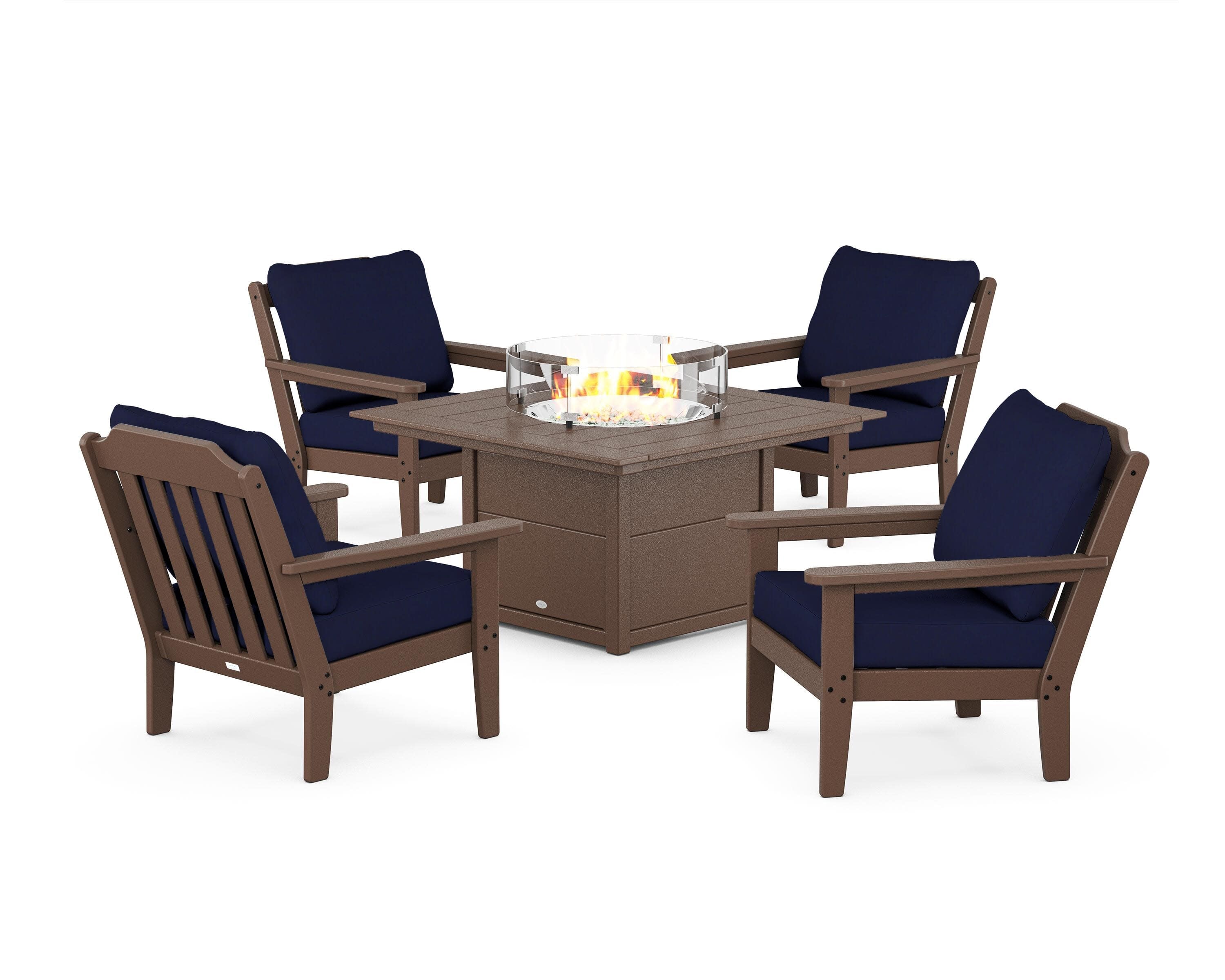 Cottage 5-Piece Deep Seating Set with Fire Pit Table in Mahogany / Navy
