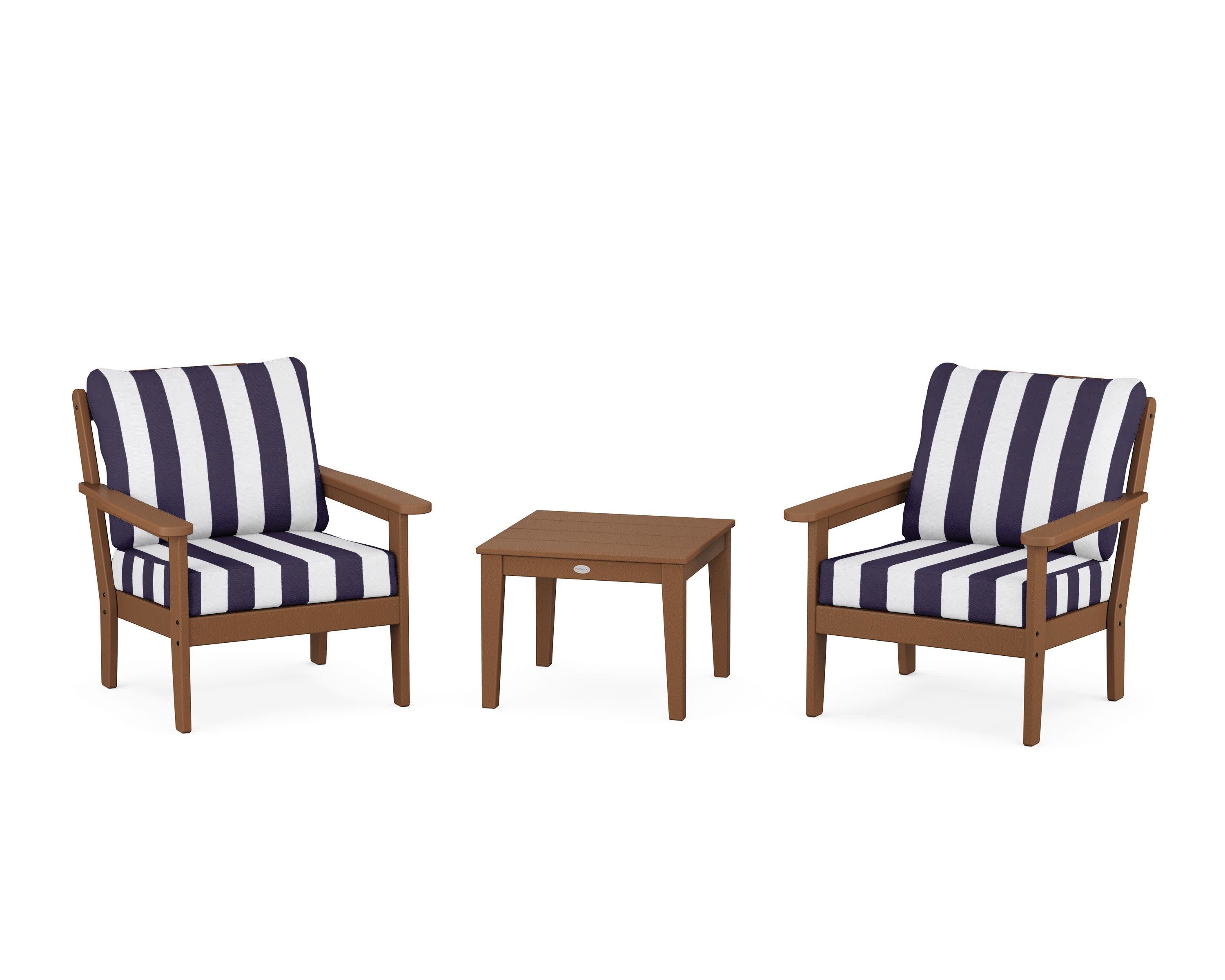 Cottage 3-Piece Deep Seating Set in Teak / Cabana Stripe Navy