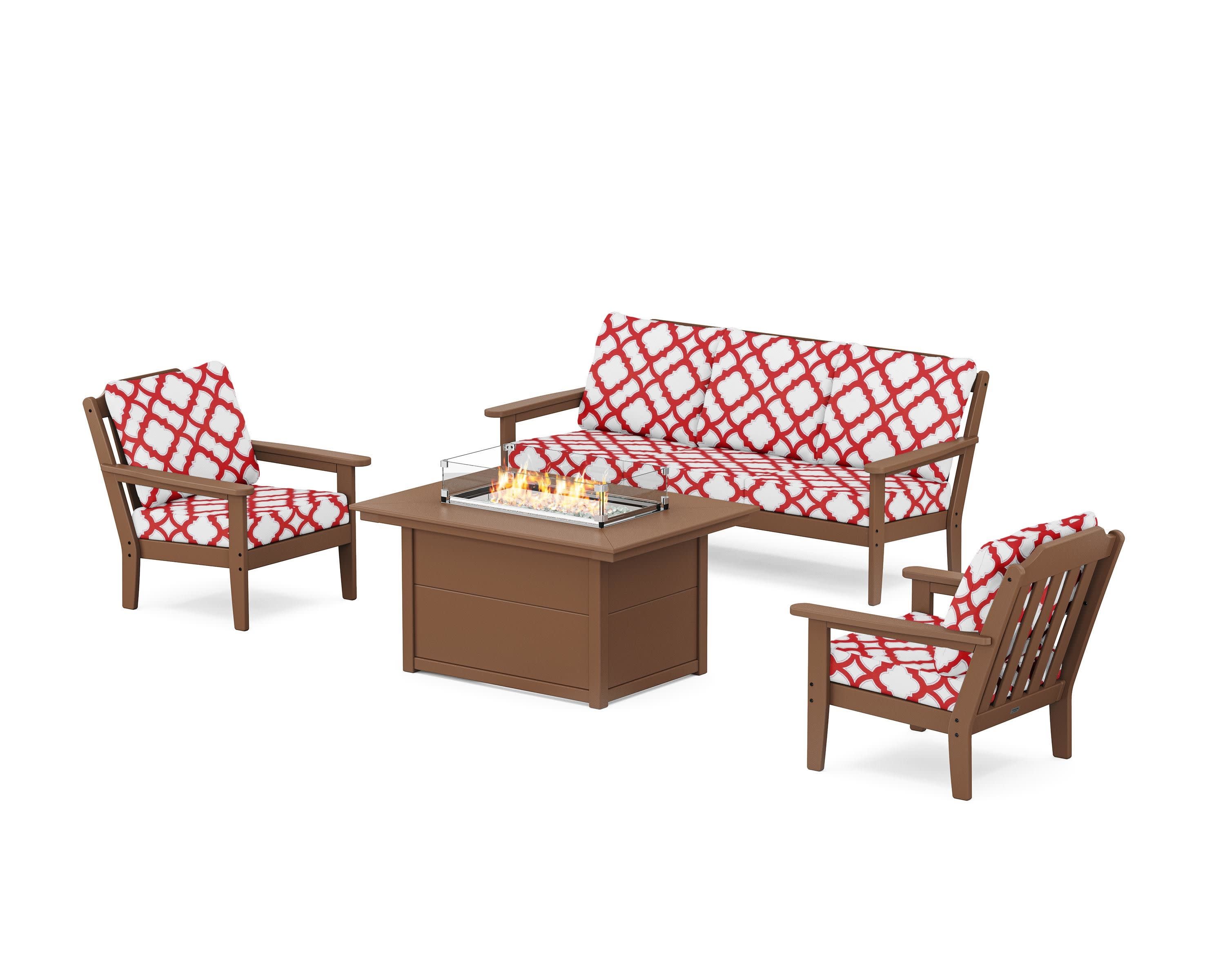 Cottage Deep Seating Fire Pit Table Set in Teak / Trellis Crimson