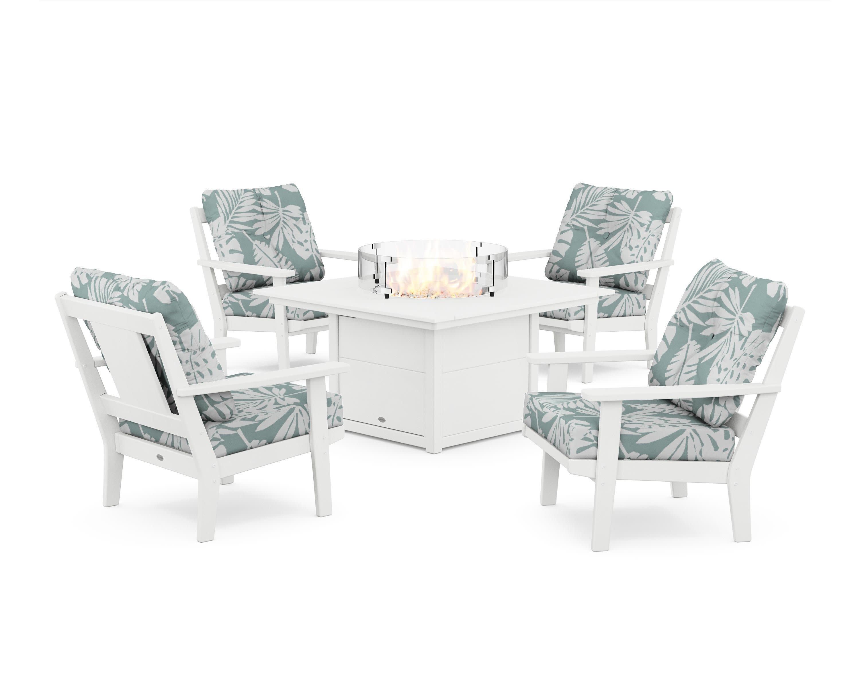Prairie 5-Piece Deep Seating Set with Fire Pit Table in White / Leaf Glacier Spa