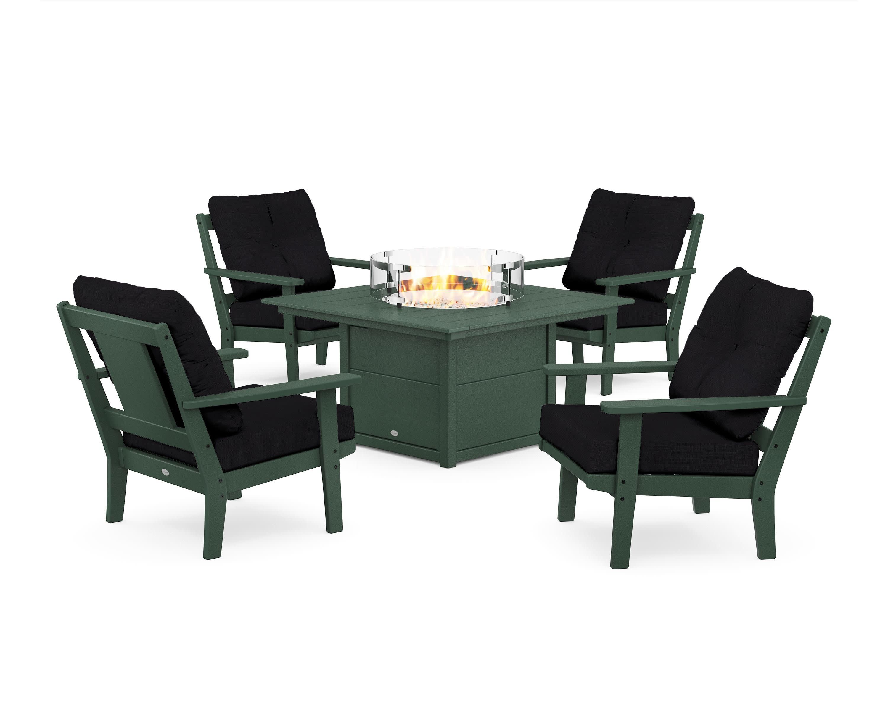 Prairie 5-Piece Deep Seating Set with Fire Pit Table in Green / Midnight Linen