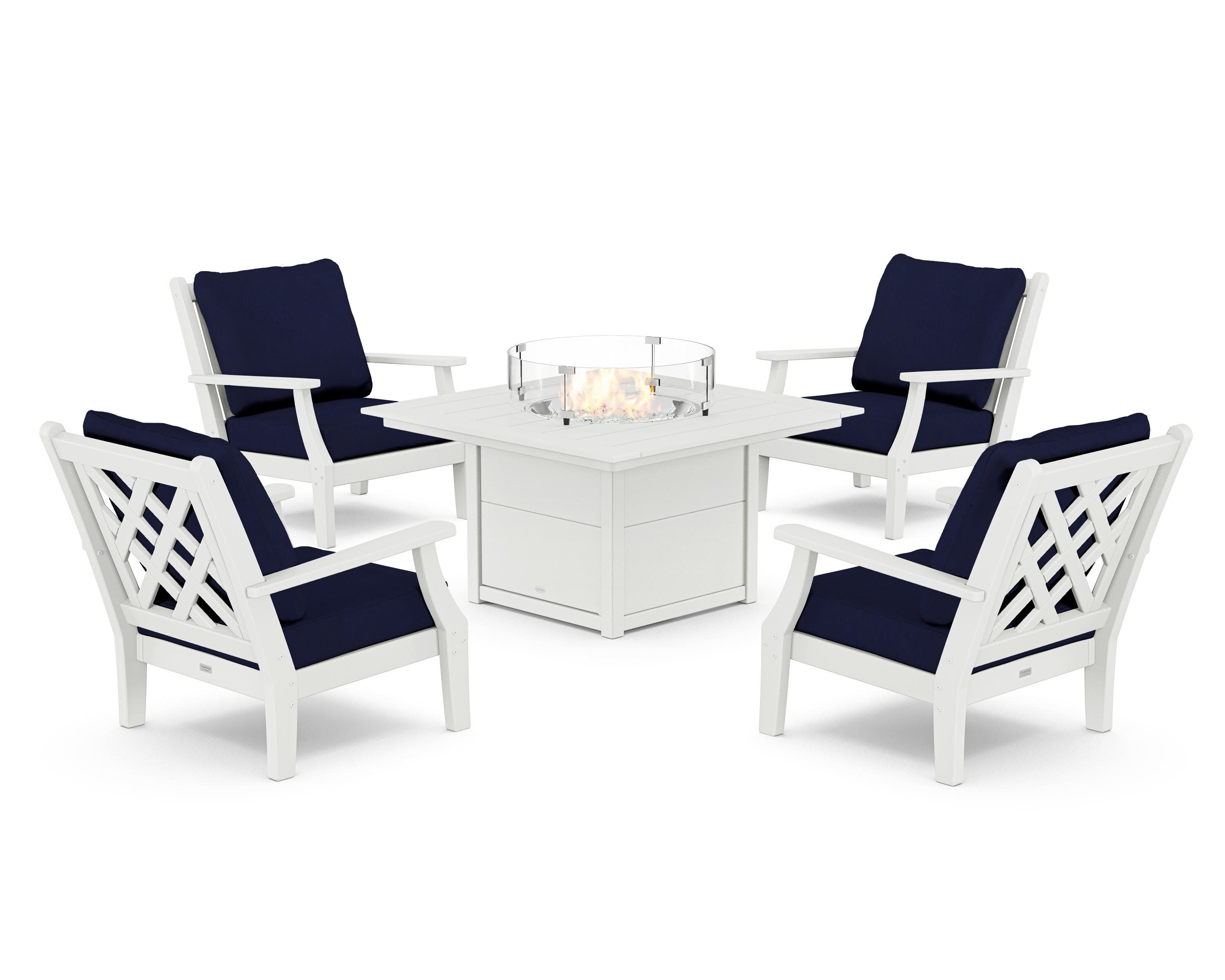 Wovendale 5-Piece Deep Seating Set with Fire Pit Table in White / Navy