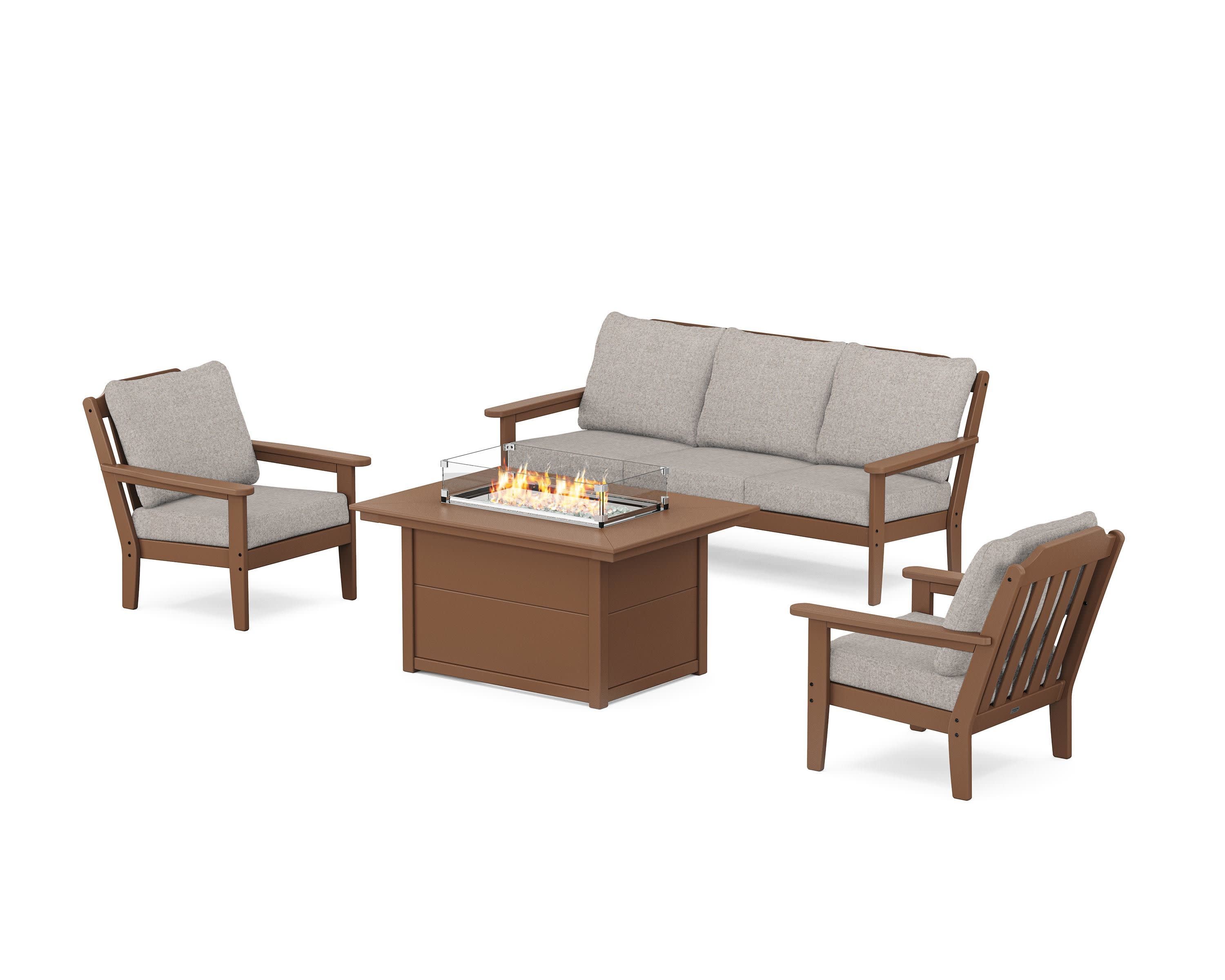 Cottage Deep Seating Fire Pit Table Set in Teak / Weathered Tweed