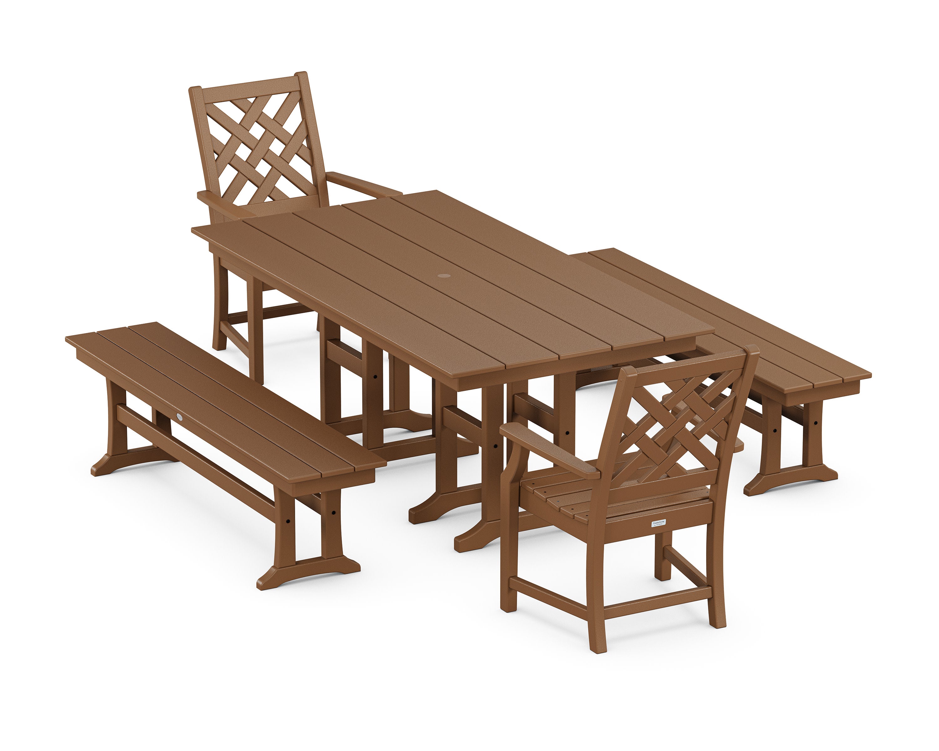 Wovendale 5-Piece Farmhouse Dining Set with Benches in Teak
