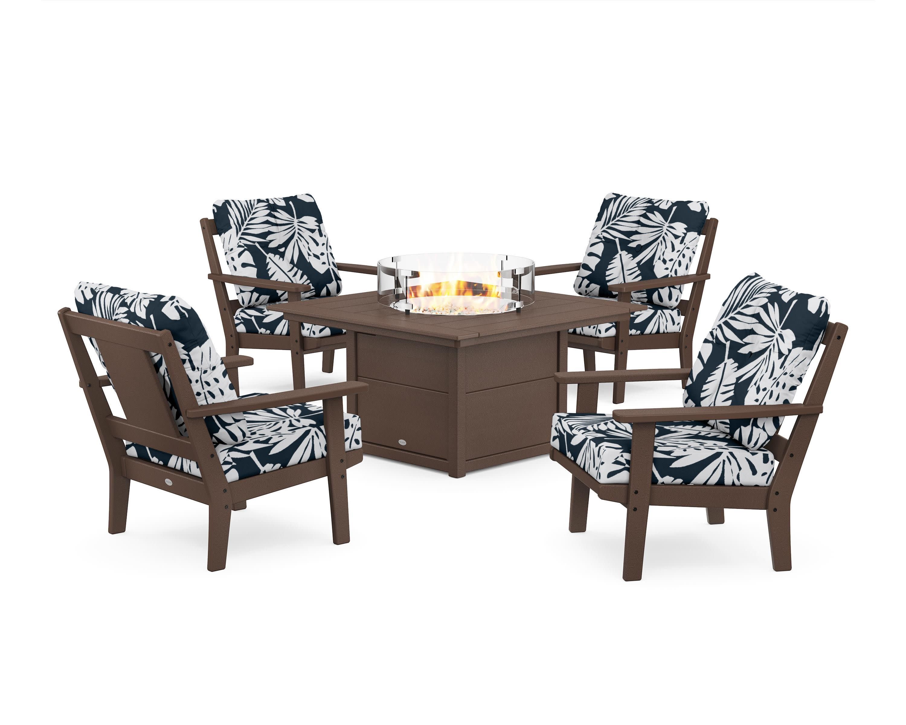 Prairie 5-Piece Deep Seating Set with Fire Pit Table in Mahogany / Leaf Marine Indigo