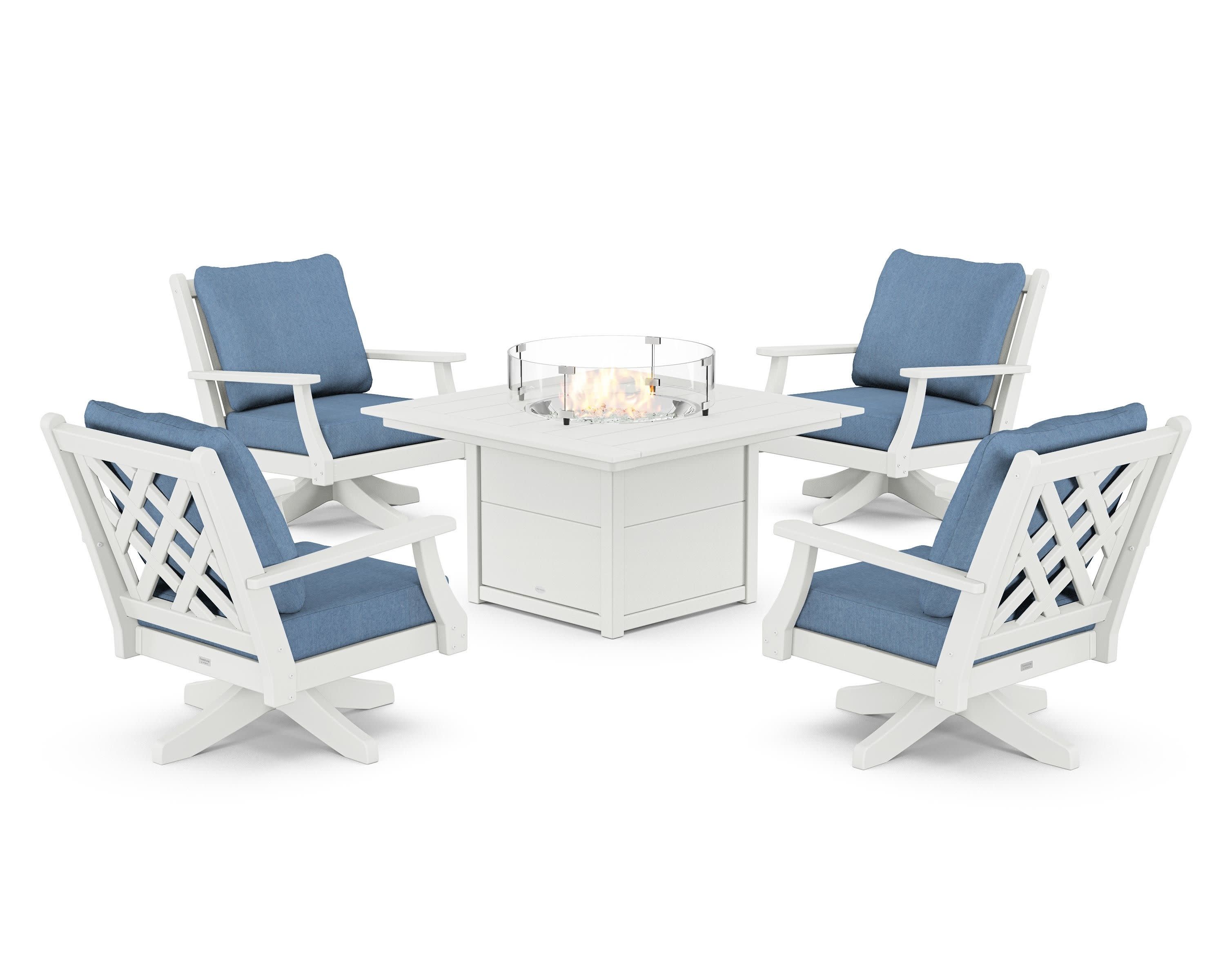Wovendale 5-Piece Deep Seating Swivel Conversation Set with Fire Pit Table in White / Sky Blue