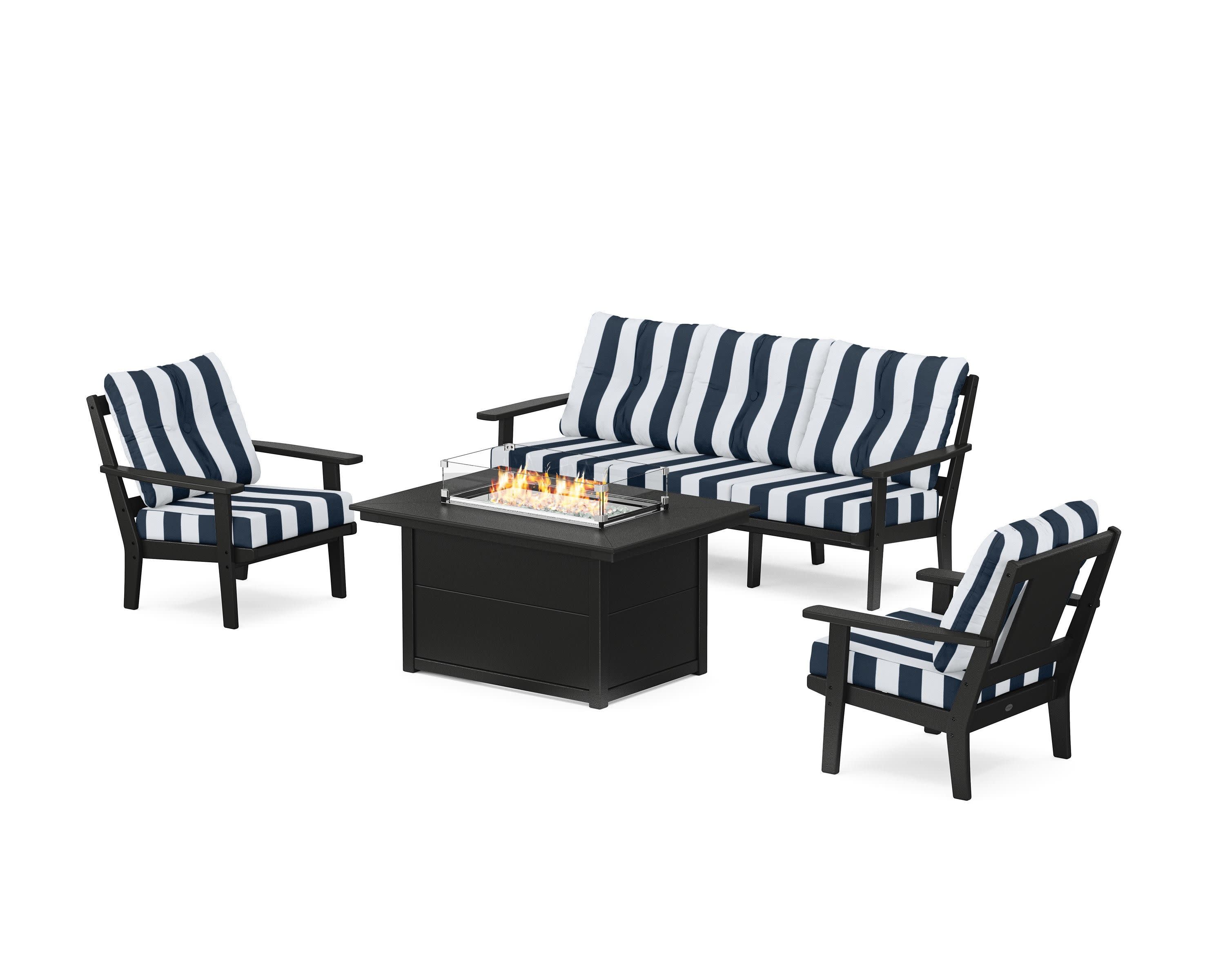 Prairie Deep Seating Fire Pit Table Set in Black / Cabana Stripe Marine Indigo