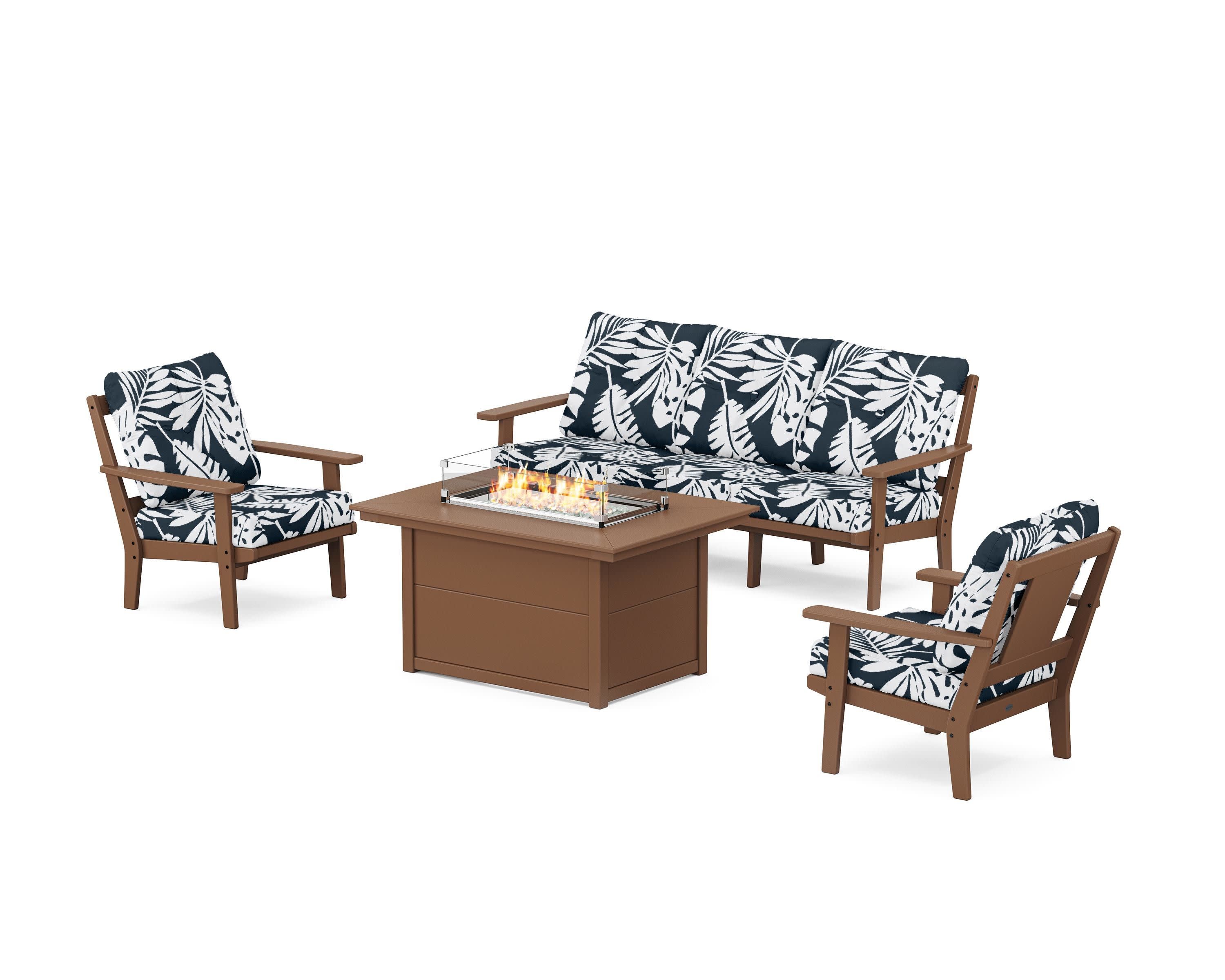 Prairie Deep Seating Fire Pit Table Set in Teak / Leaf Marine Indigo