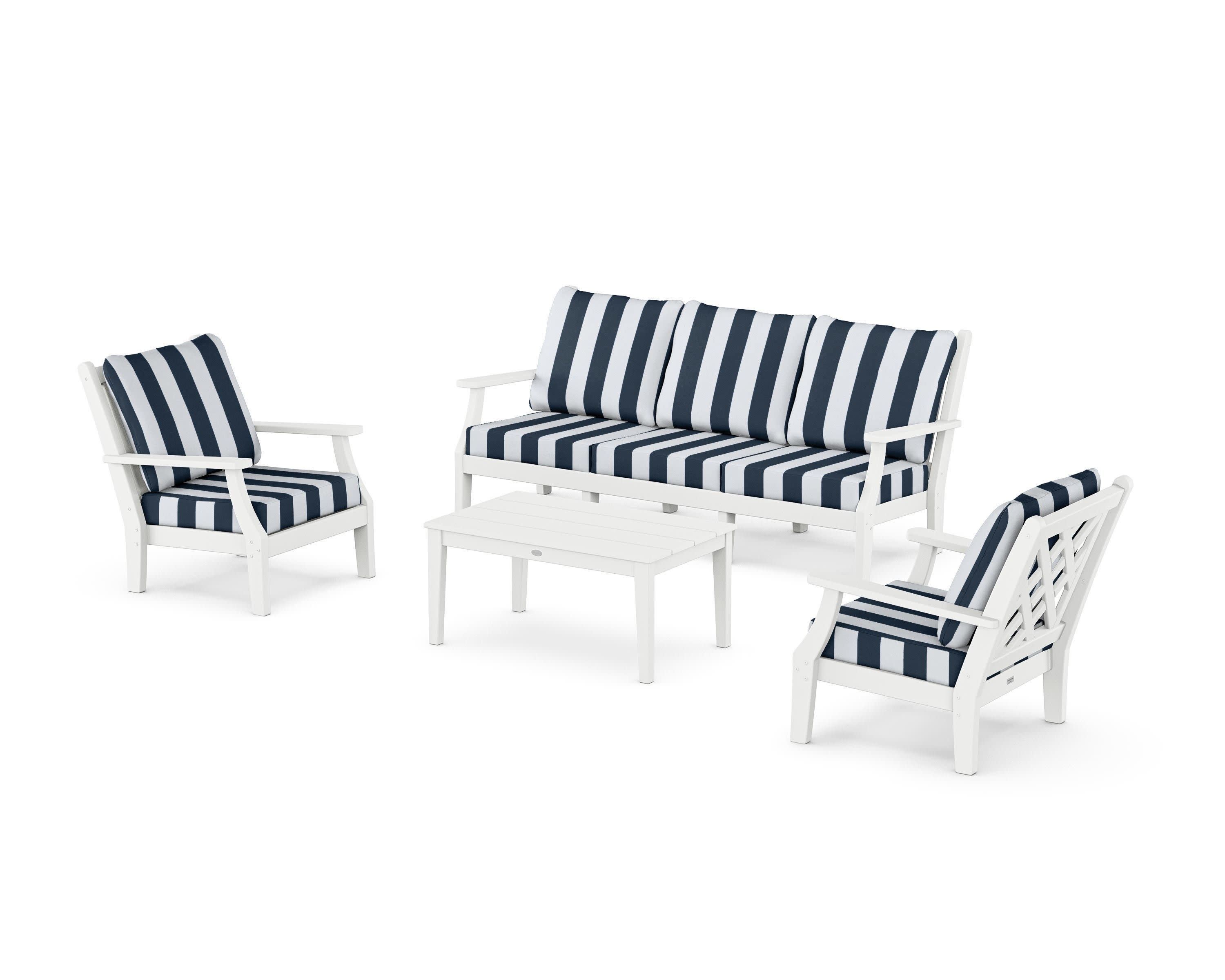 Wovendale 4-Piece Deep Seating Set with Sofa in White / Cabana Stripe Marine Indigo