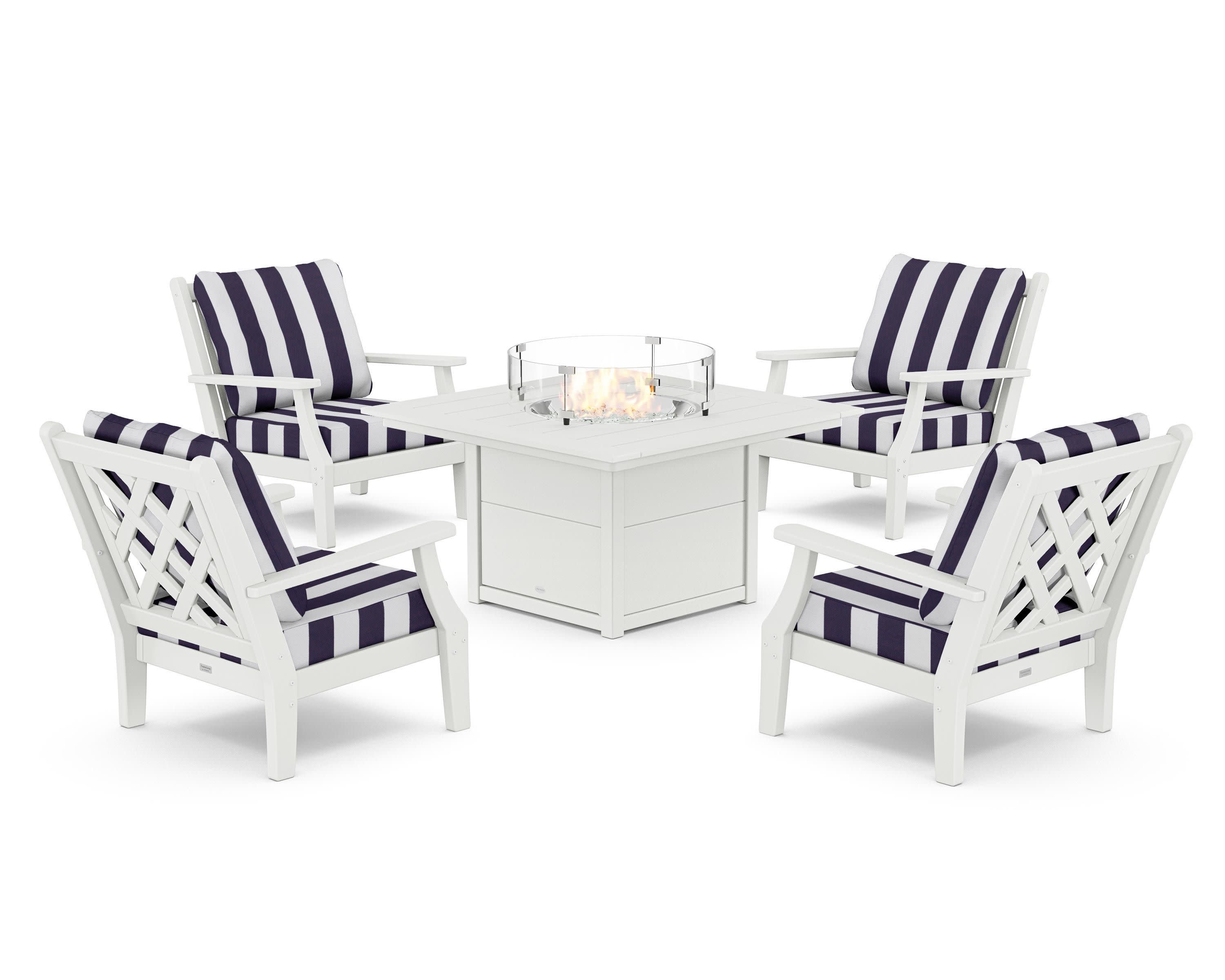 Wovendale 5-Piece Deep Seating Set with Fire Pit Table in White / Cabana Stripe Navy