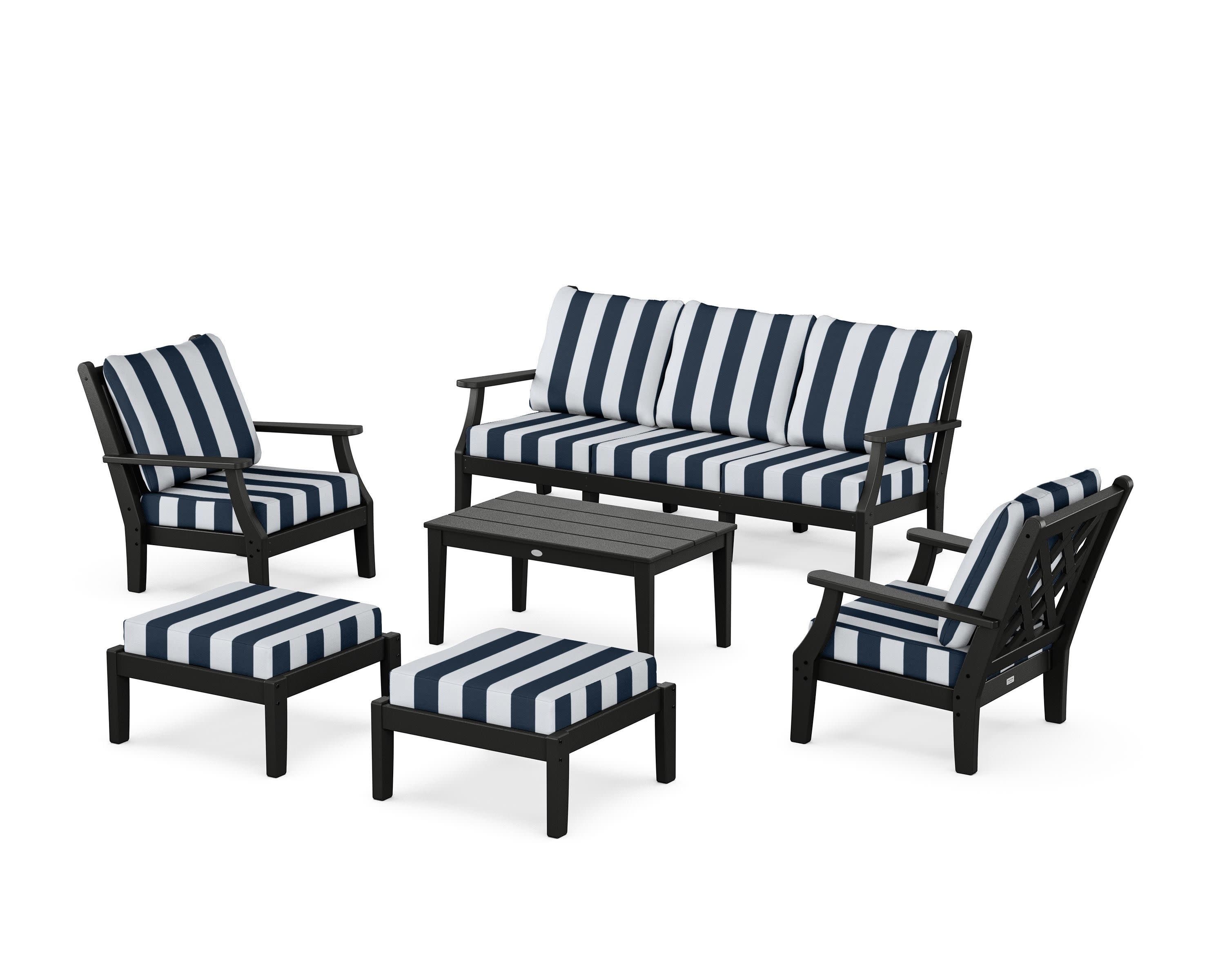 Wovendale 6-Piece Lounge Sofa Set in Black / Cabana Stripe Marine Indigo