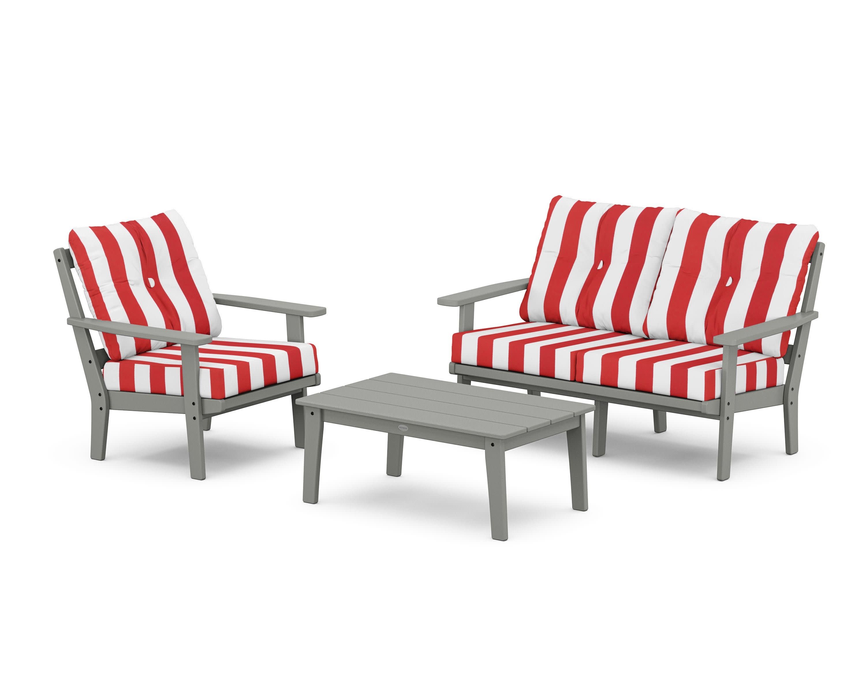 Prairie 3-Piece Deep Seating Set with Loveseat in Slate Grey / Cabana Stripe Crimson