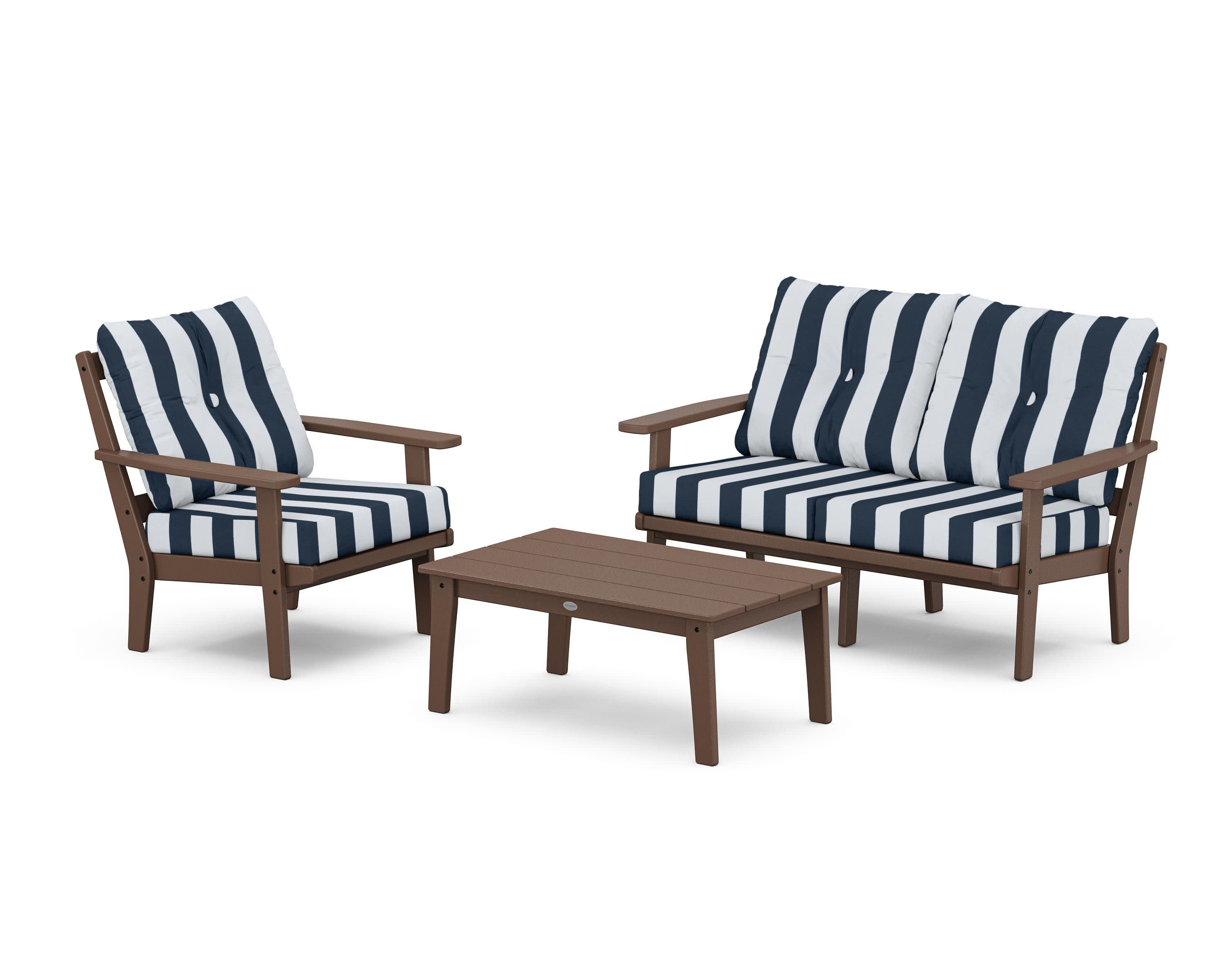Prairie 3-Piece Deep Seating Set with Loveseat in Mahogany / Cabana Stripe Marine Indigo