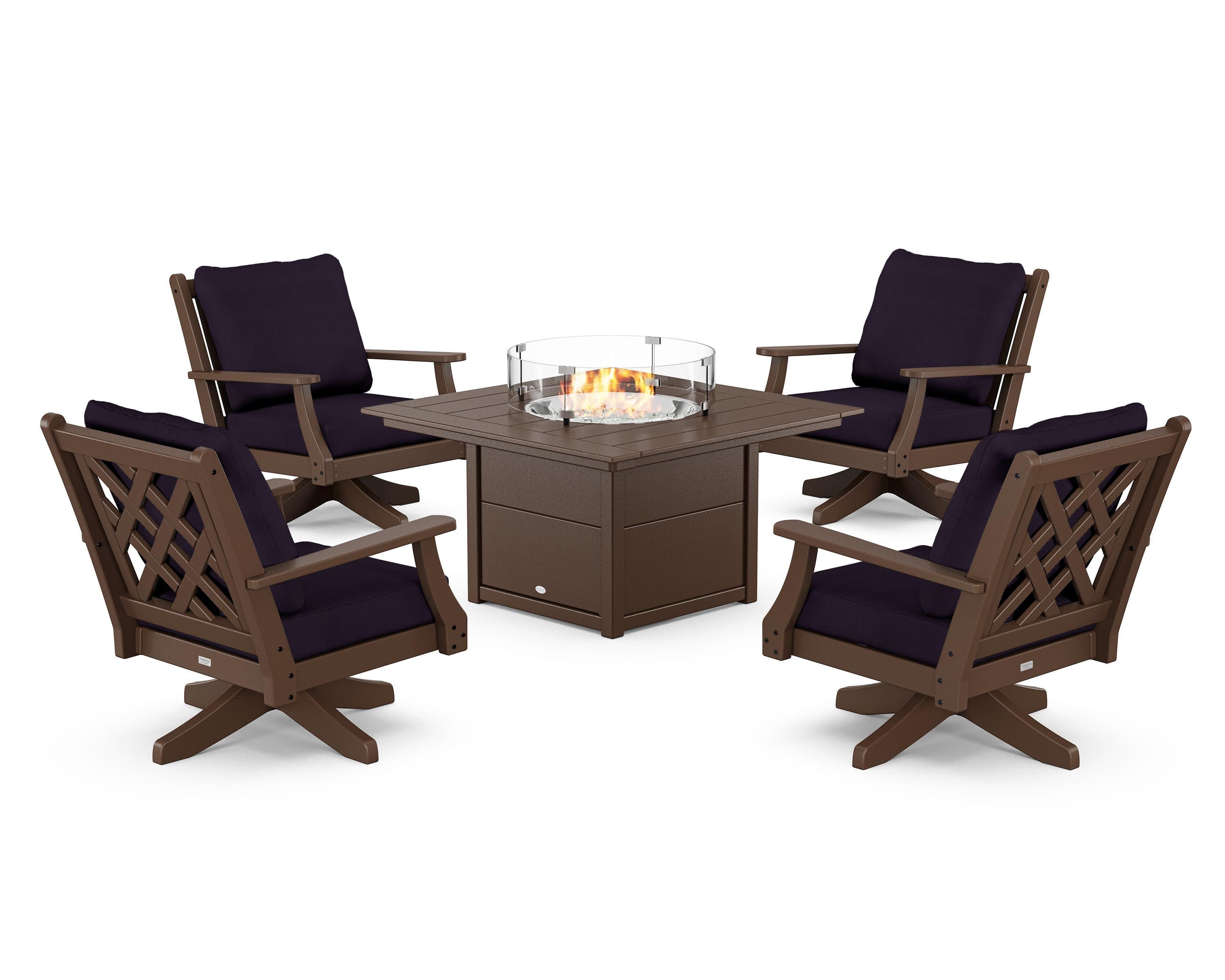 Wovendale 5-Piece Deep Seating Swivel Conversation Set with Fire Pit Table in Mahogany / Navy Linen