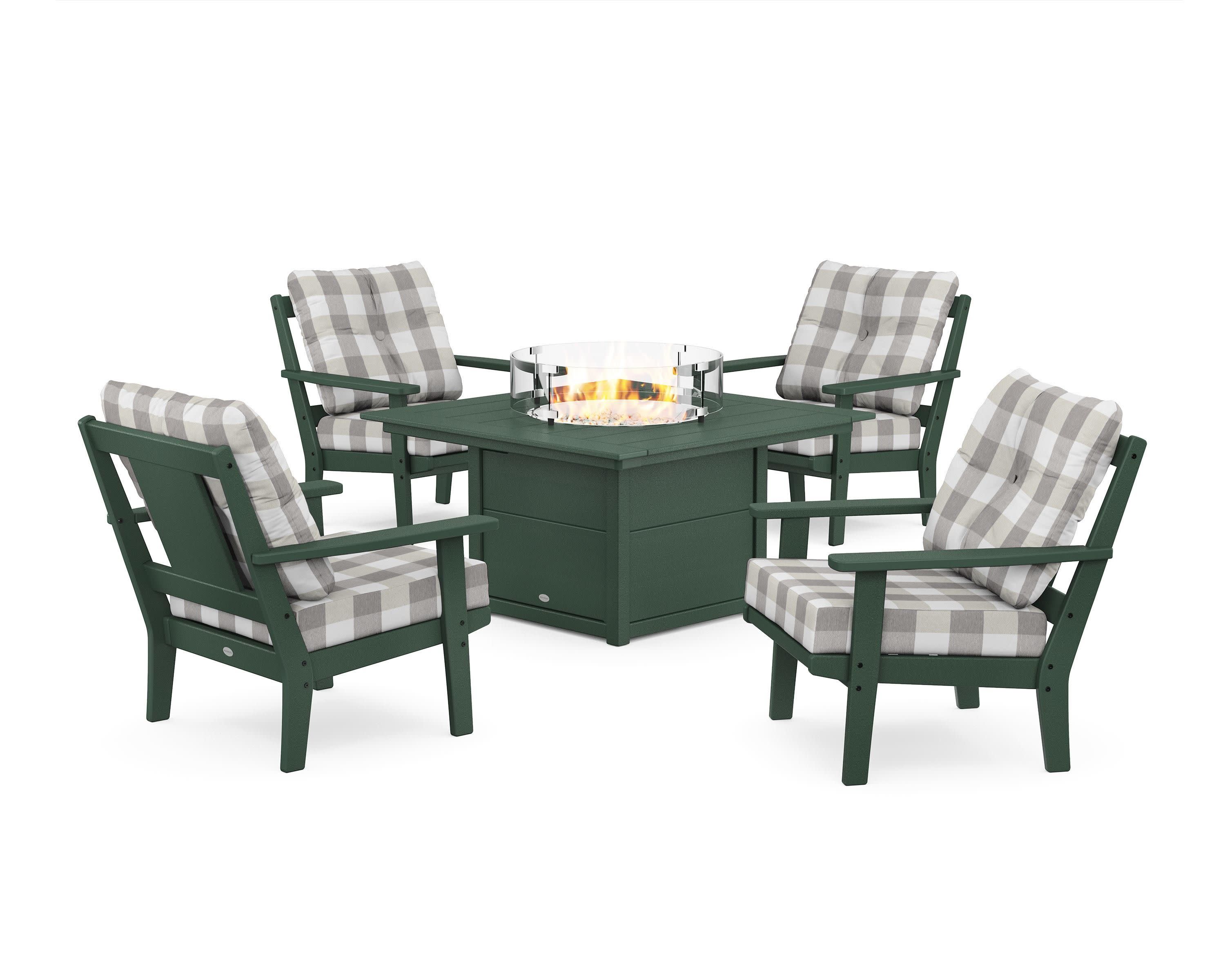 Prairie 5-Piece Deep Seating Set with Fire Pit Table in Green / Buffalo Plaid Grey Mist